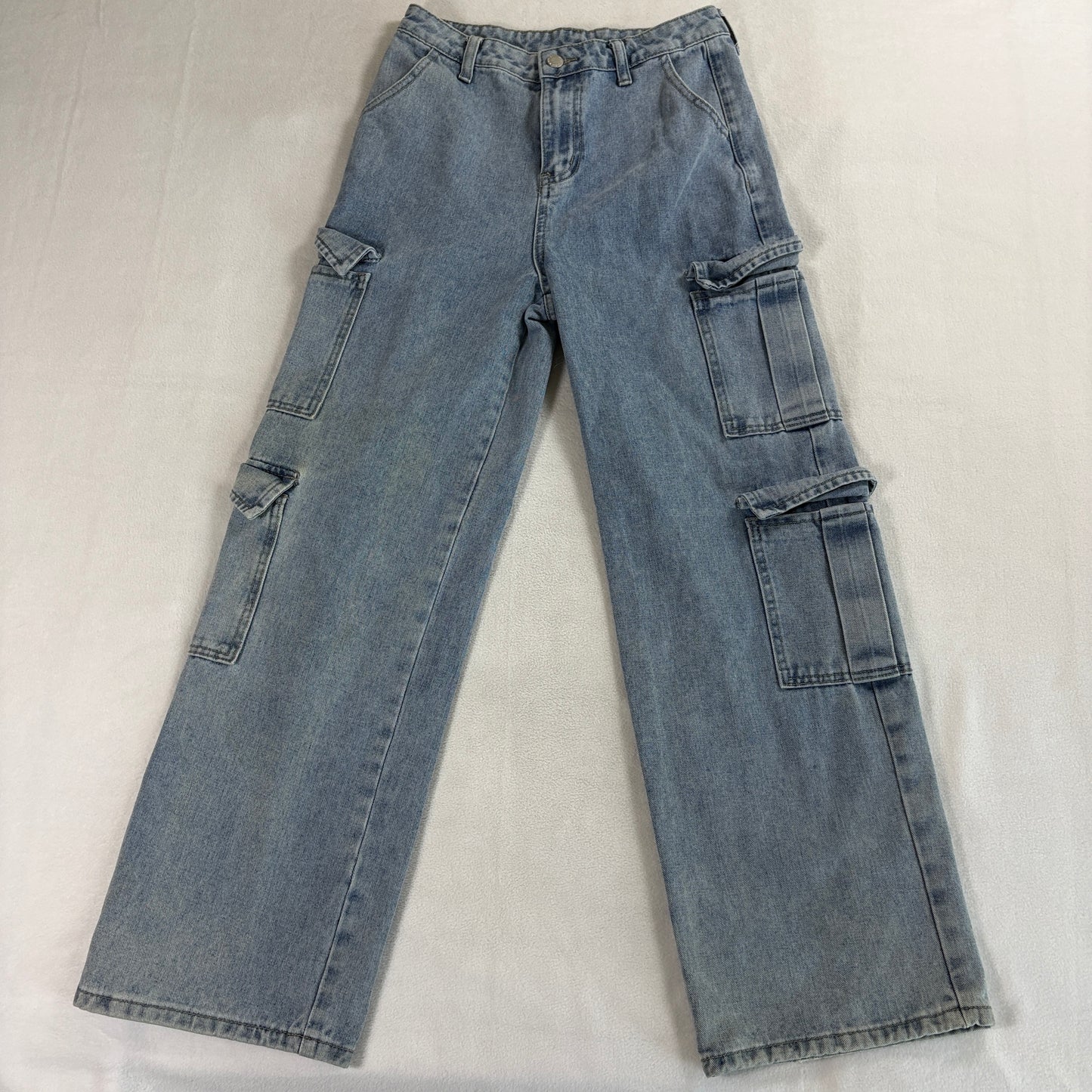 Shein Teen Girls 14Y Wide Leg Denim Cargo Jeans Light Wash Multi Pocket Y2K Style