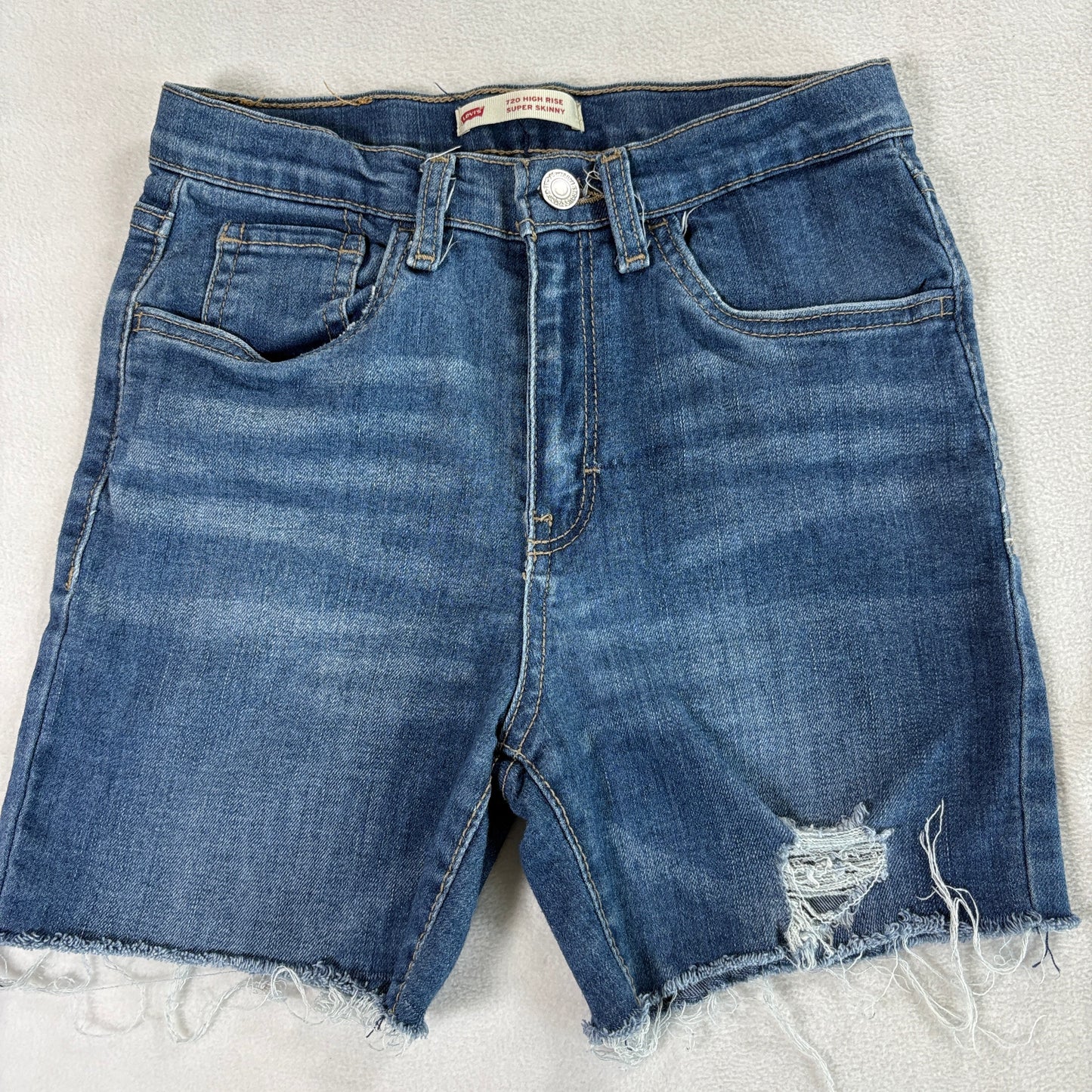Levi's 720 Women's 16 High Rise Super Skinny Denim Shorts Distressed Raw Hem Blue