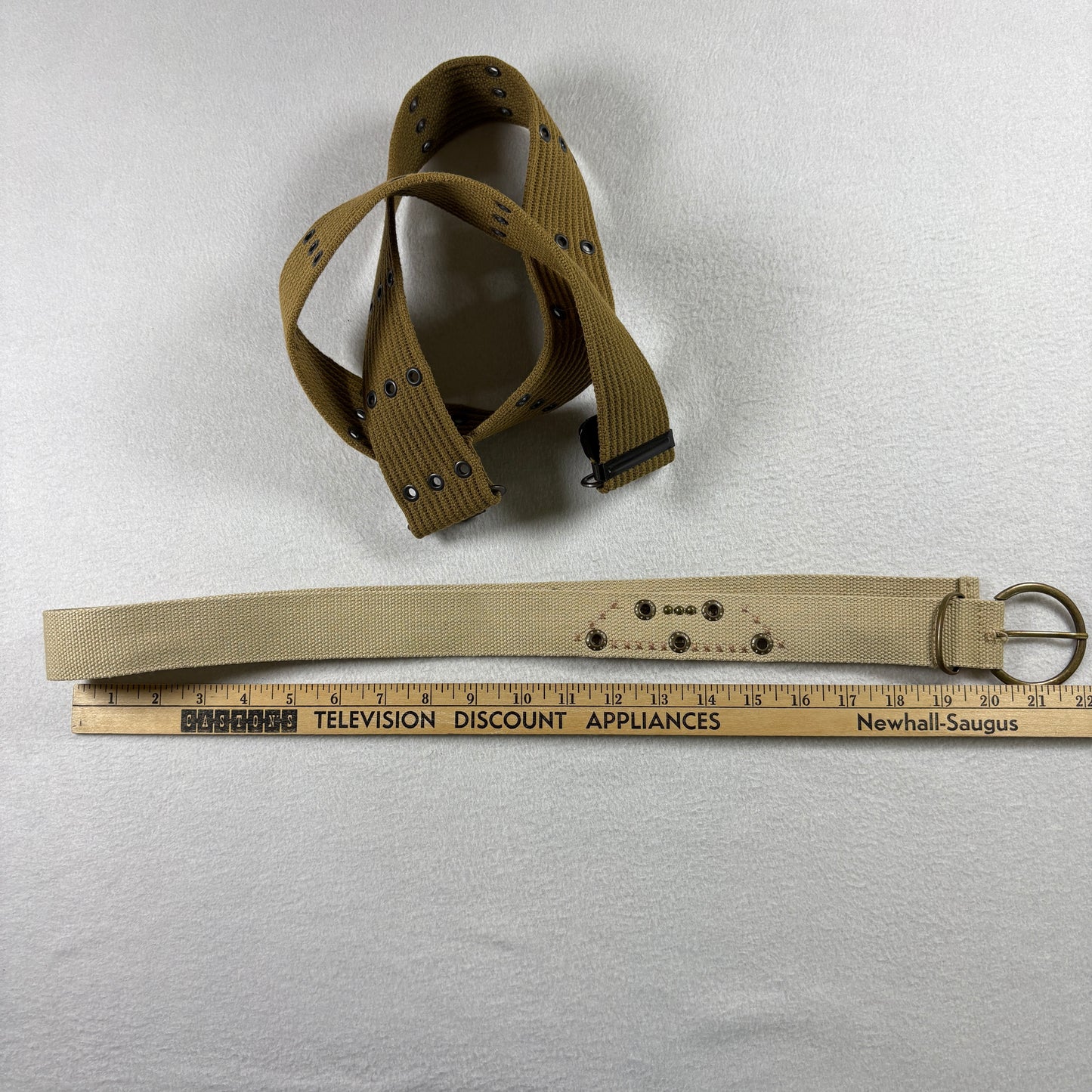 Lot 2 Military Web Belts Canvas Khaki Tan Utility Army Style Grommet D Ring