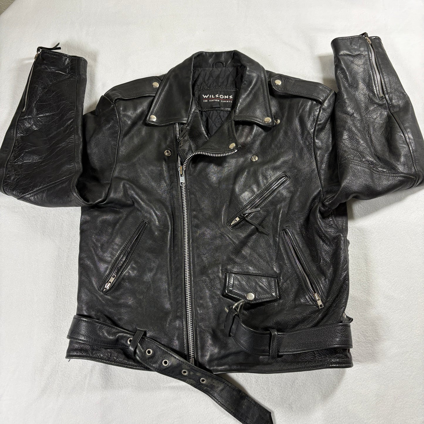 Wilsons Leather Jacket Mens Large Black Moto Biker Vintage Distressed Belted Fit