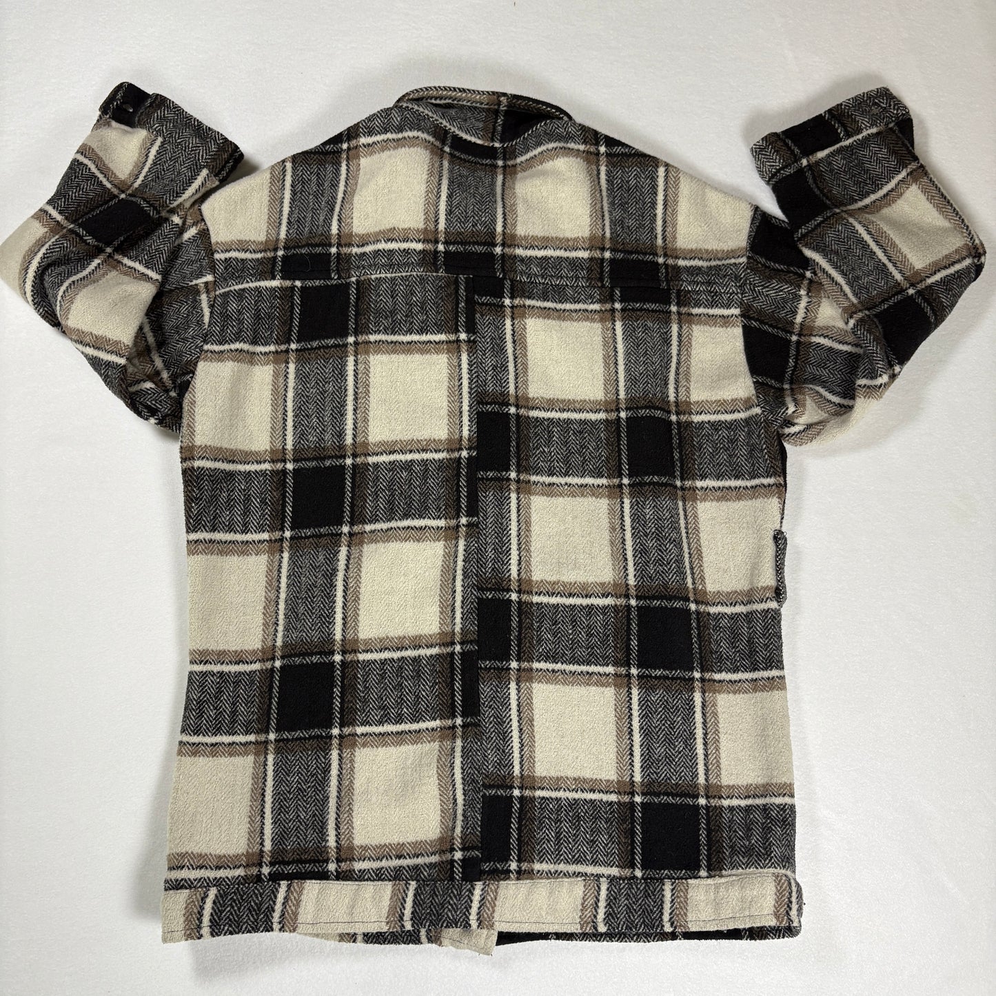 Plaid Flannel Jacket Shacket Men’s Small Beige Brown Black Button Up Overshirt