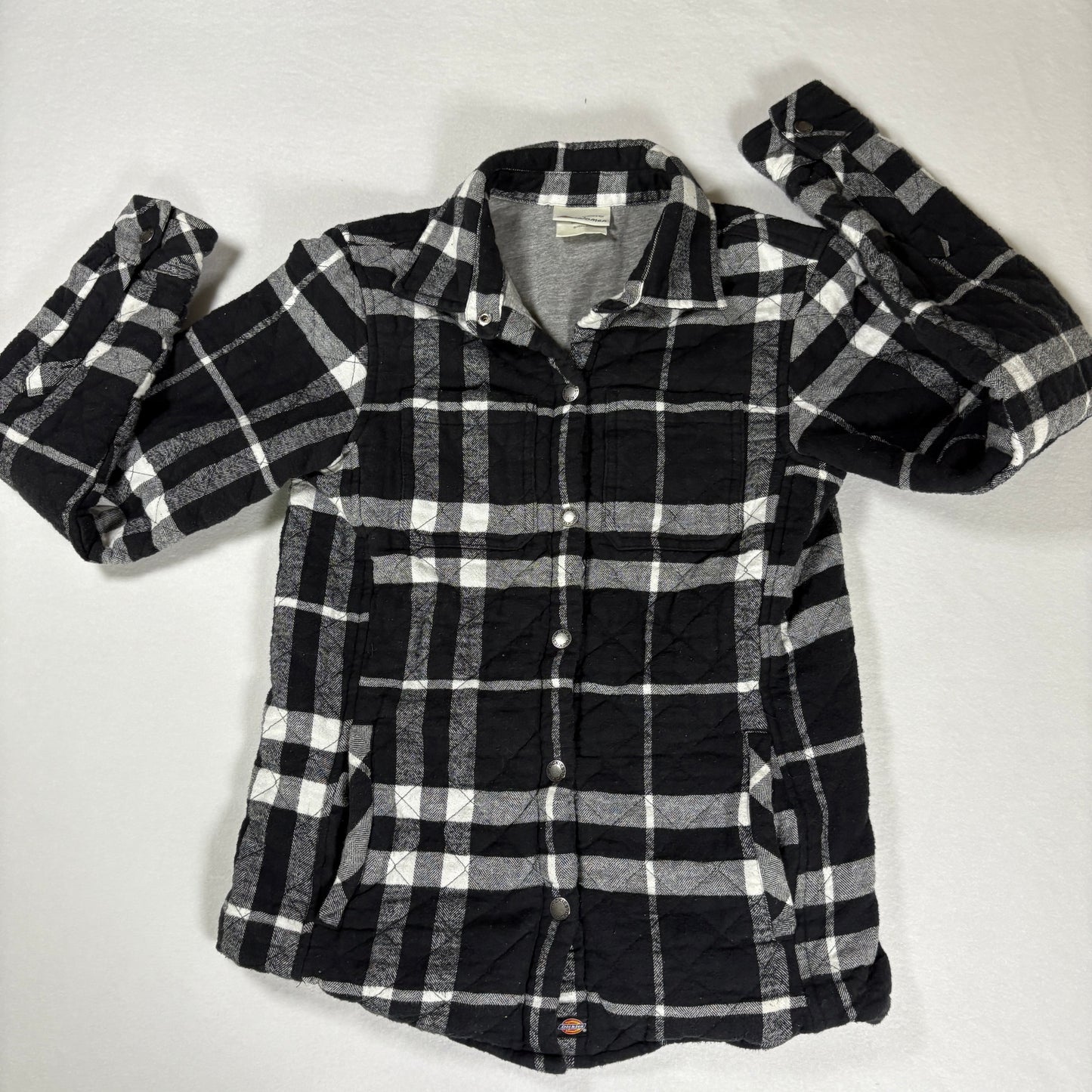 Dickies Flannel Jacket Women’s Small Black Gray Plaid Quilted Lined Shacket