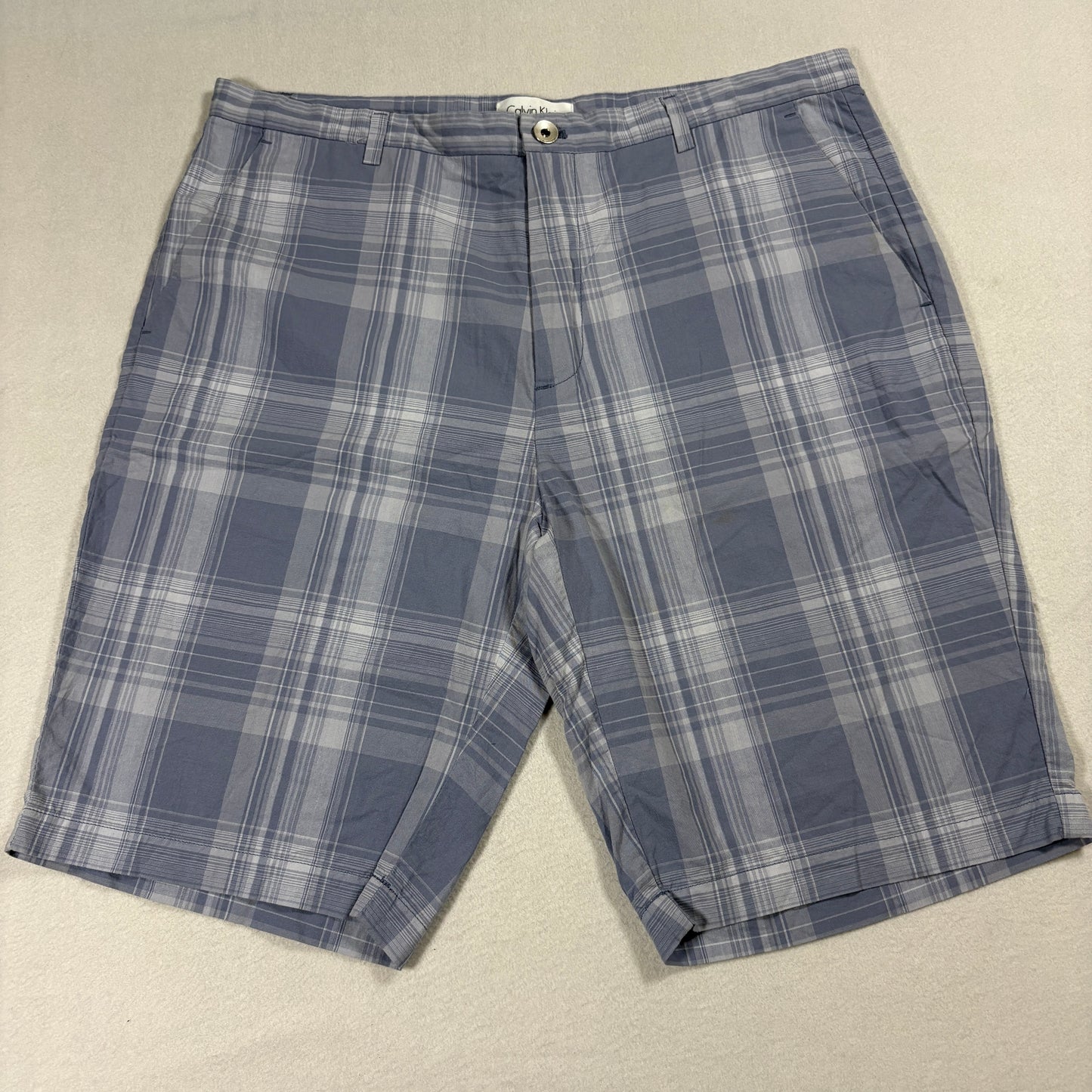 Calvin Klein Plaid Shorts Mens 36 Blue Gray Cotton Casual Summer Preppy