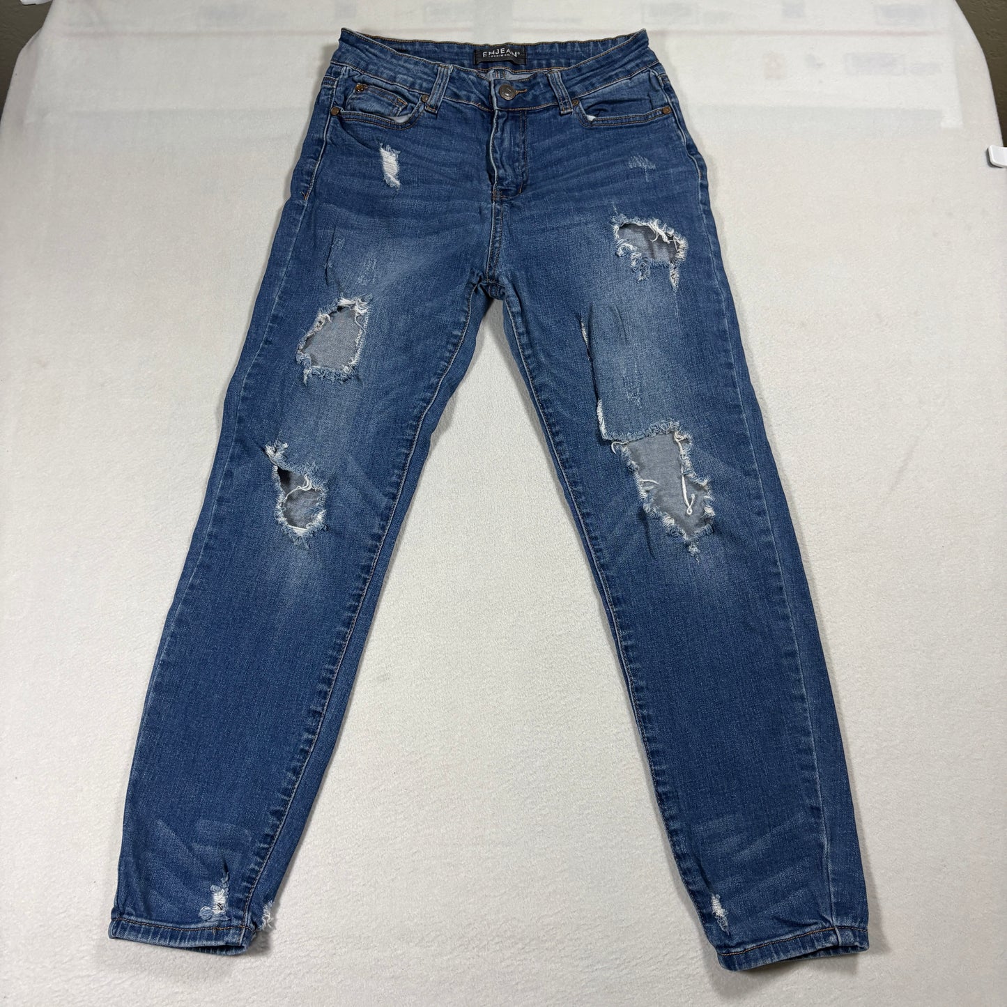 Enjean Distressed Skinny Jeans Womens Sz 7 Blue Ripped Stretch Denim Y2K Style