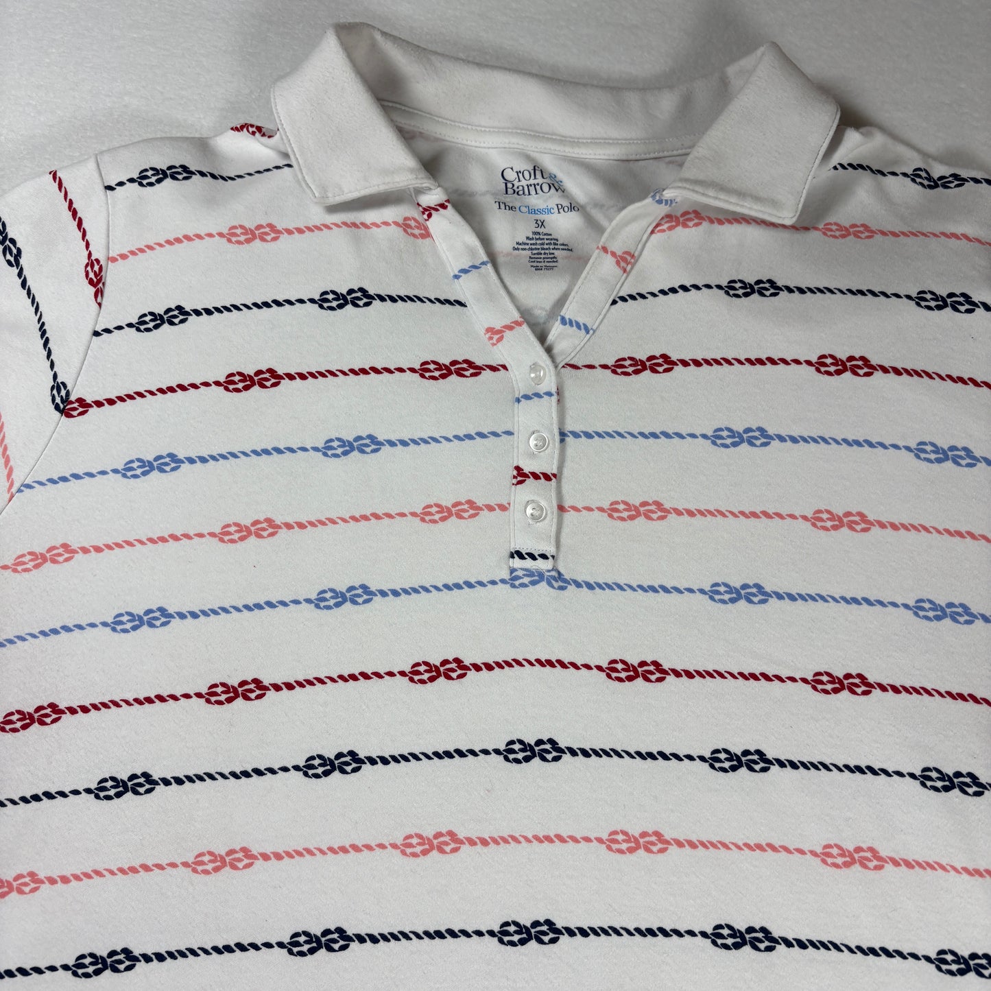 Croft & Barrow Polo Shirt 3X Classic Fit White Nautical Rope Stripe Short Sleeve