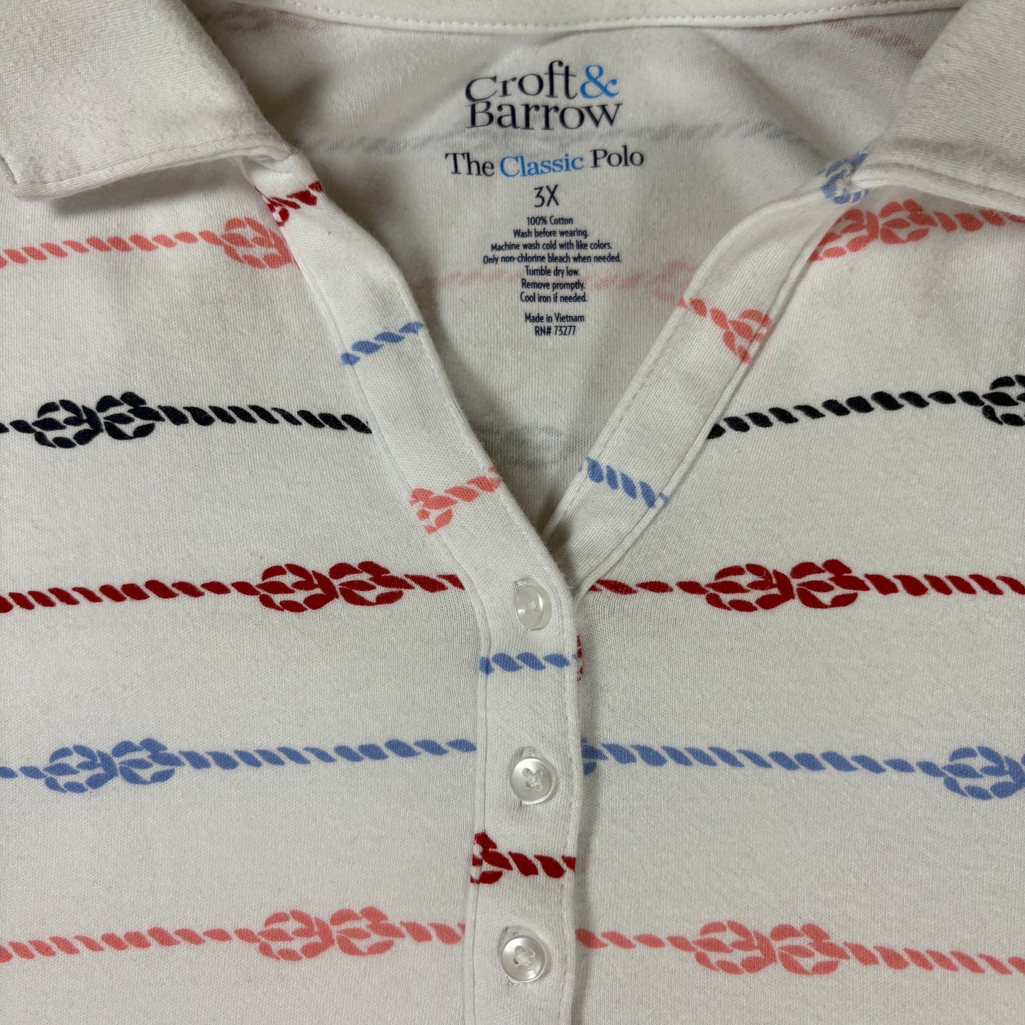 Croft & Barrow Polo Shirt 3X Classic Fit White Nautical Rope Stripe Short Sleeve