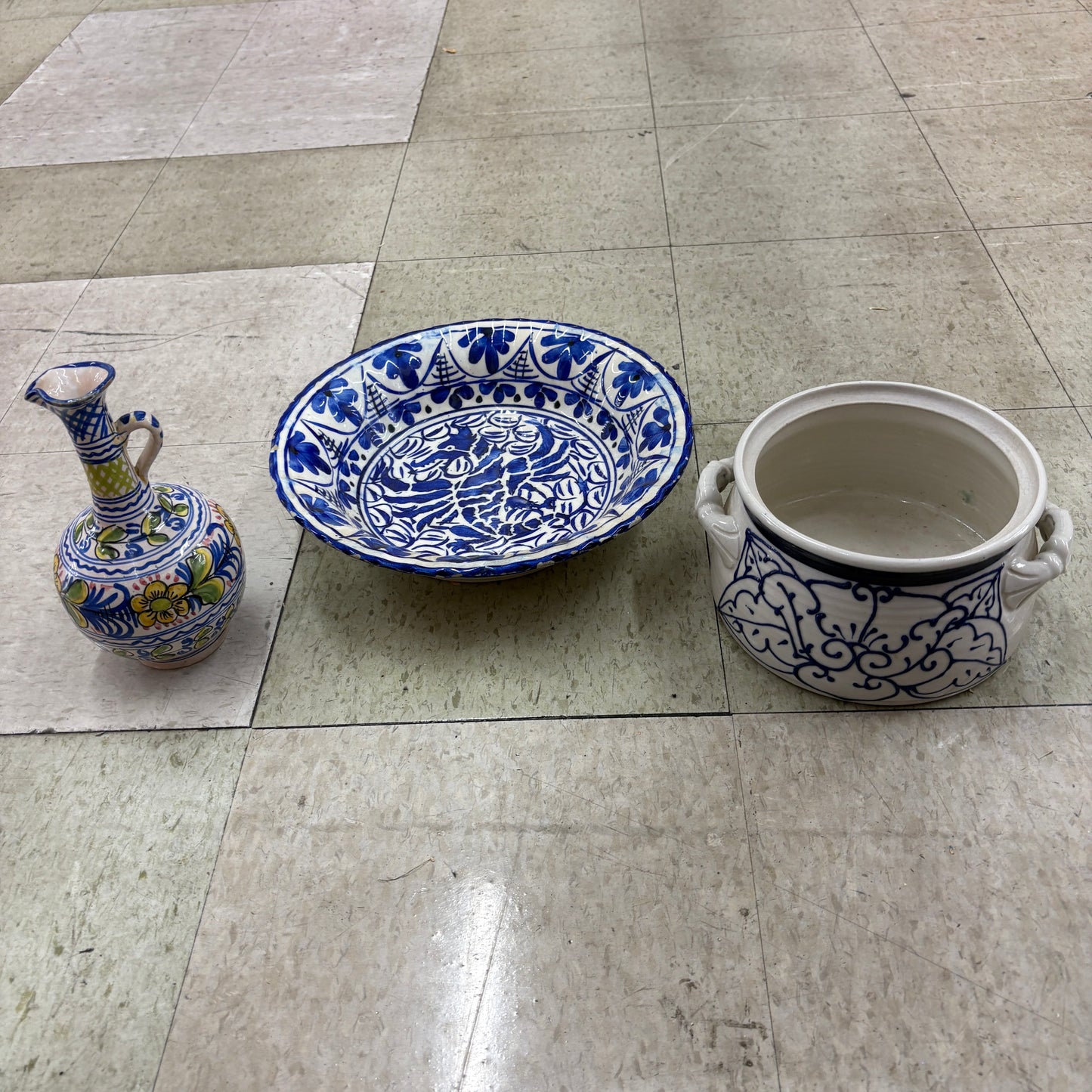 Talavera Puebla Pottery Set Vase Bowl Crock Hand Painted Blue White Decor Art XL