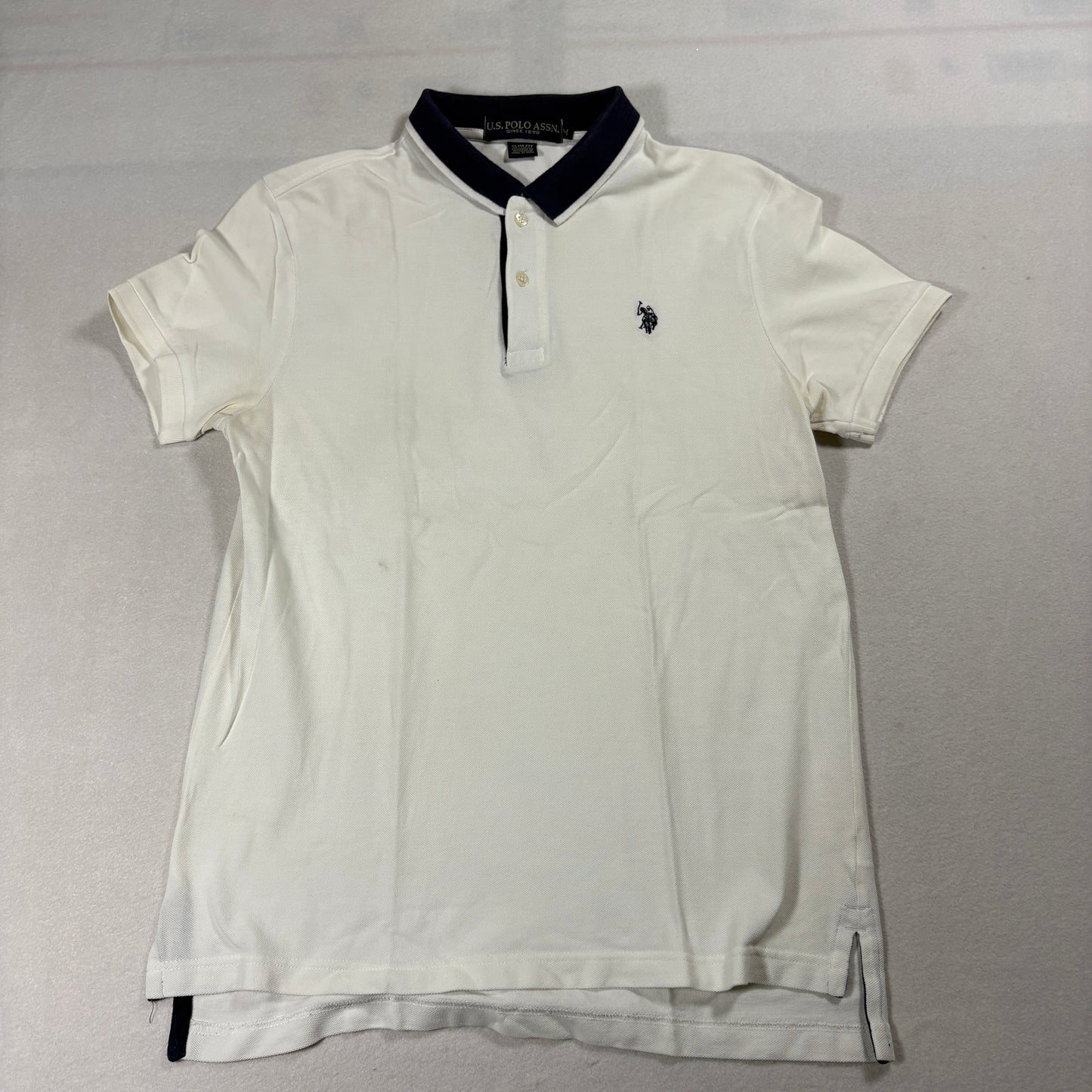 Polo Shirt Mens Medium Slim Fit White Navy Collar Classic Casual Streetwear