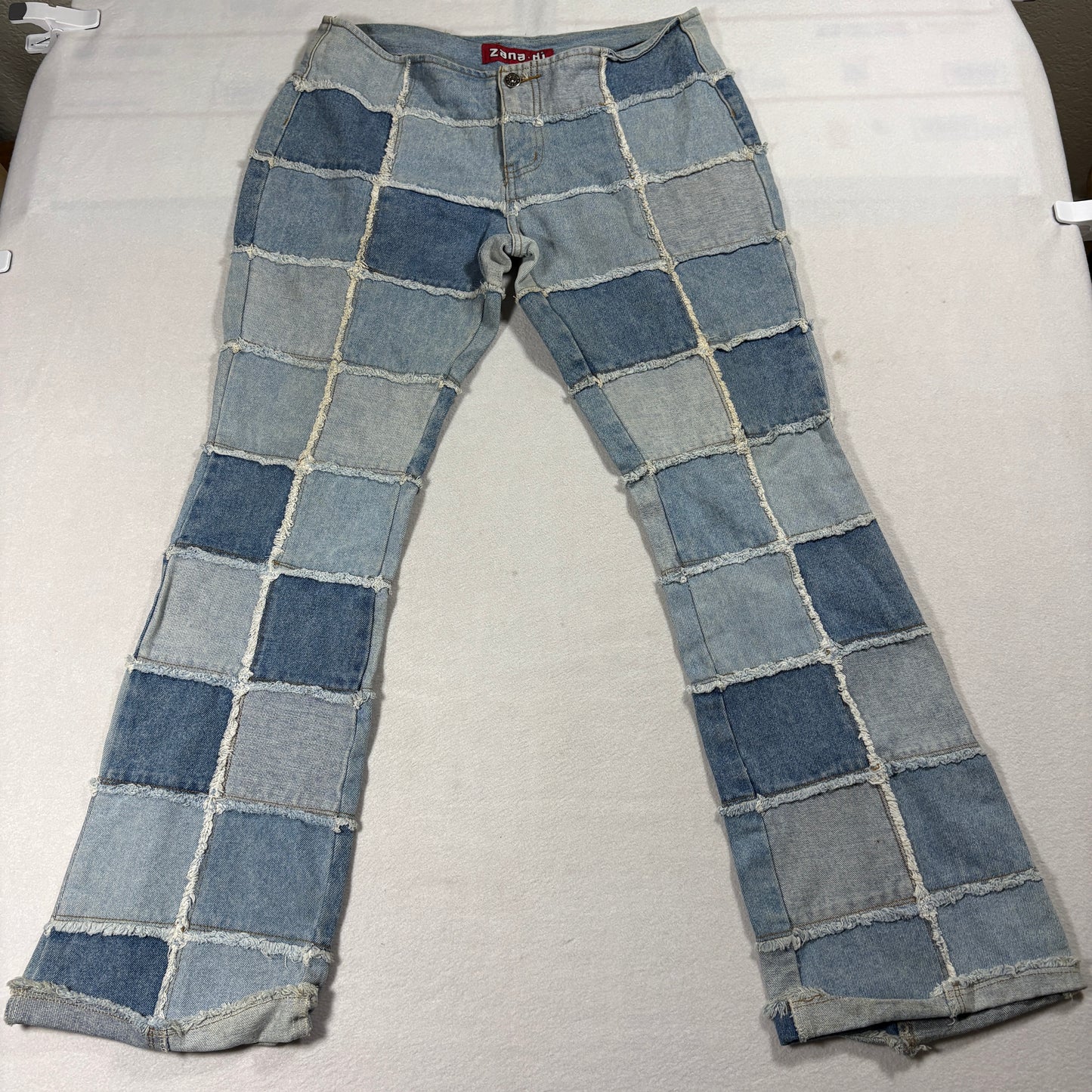 Patchwork Flare Jeans Womens 7 Y2K Grunge Distressed Multi Denim Streetwear