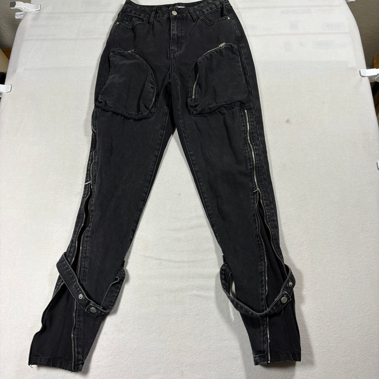Fashion Nova Cargo Jeans Womens 3 Black Zip Strap Y2K Grunge Streetwear
