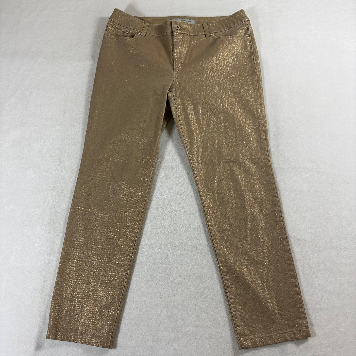 Gold Metallic Straight Leg Jeans Shimmer Chico's Platinum Sz 1.5 Fits Like 32X27