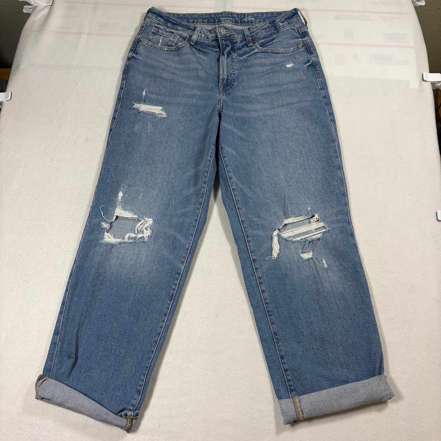 Distressed High Rise Loose Jeans Womens 12 Vintage Baggy Light Wash Blue Y2K