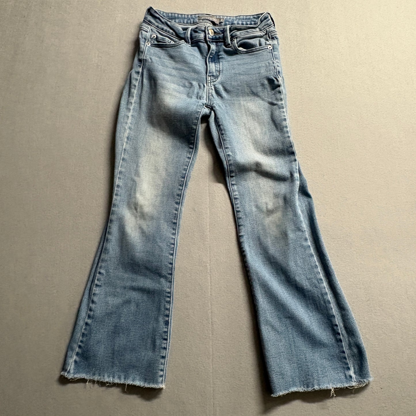 Y2K Flare Jeans Womens Tag 2 Fits Like 25X26 Light Wash Raw Hem Stretch Denim