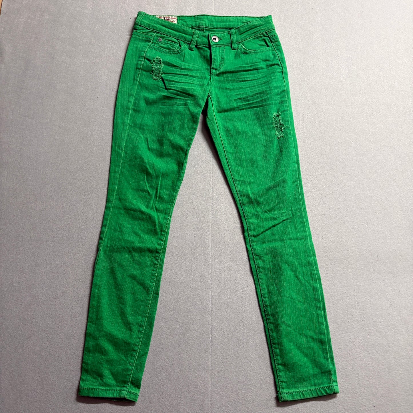 Y2K Green Skinny Jeans Womens Tag 15 Fits Like 29X29 Stretch Distressed Denim