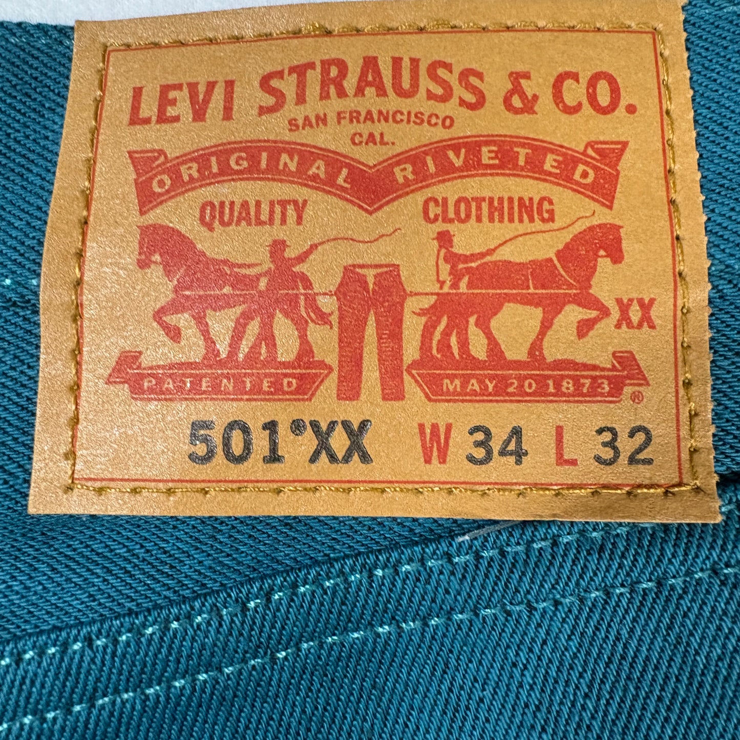 Levi’s 501 XX Men’s Jeans W34 L32 Teal Blue Straight Leg Button Fly Denim