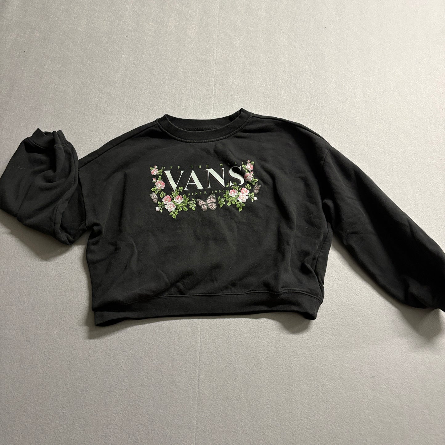 Vans Floral Logo Cropped Sweatshirt Womens M Fits Like S Black Skate Y2K