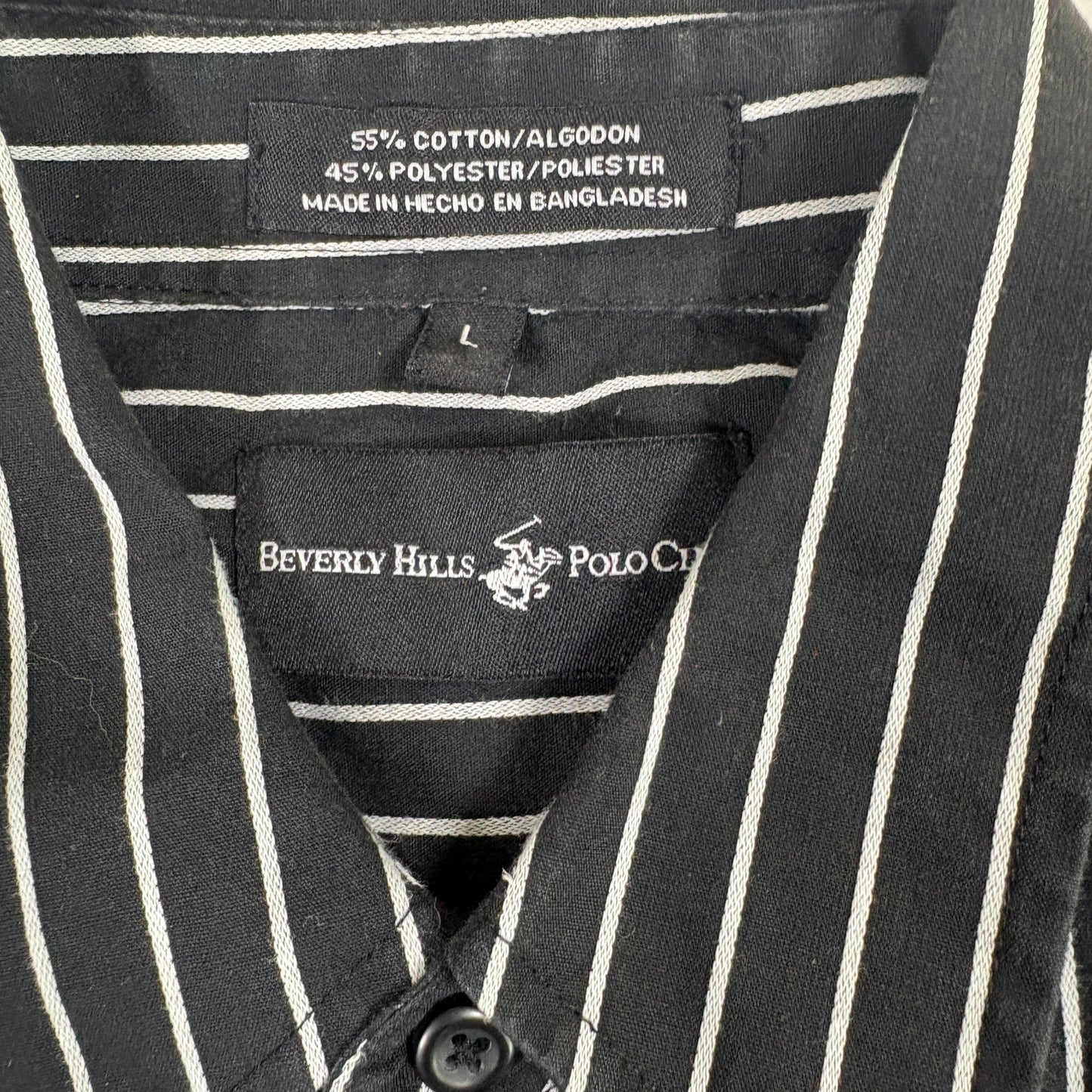 Beverly Hills Polo Club Mens L Shirt Black White Stripe Long Sleeve Button Up