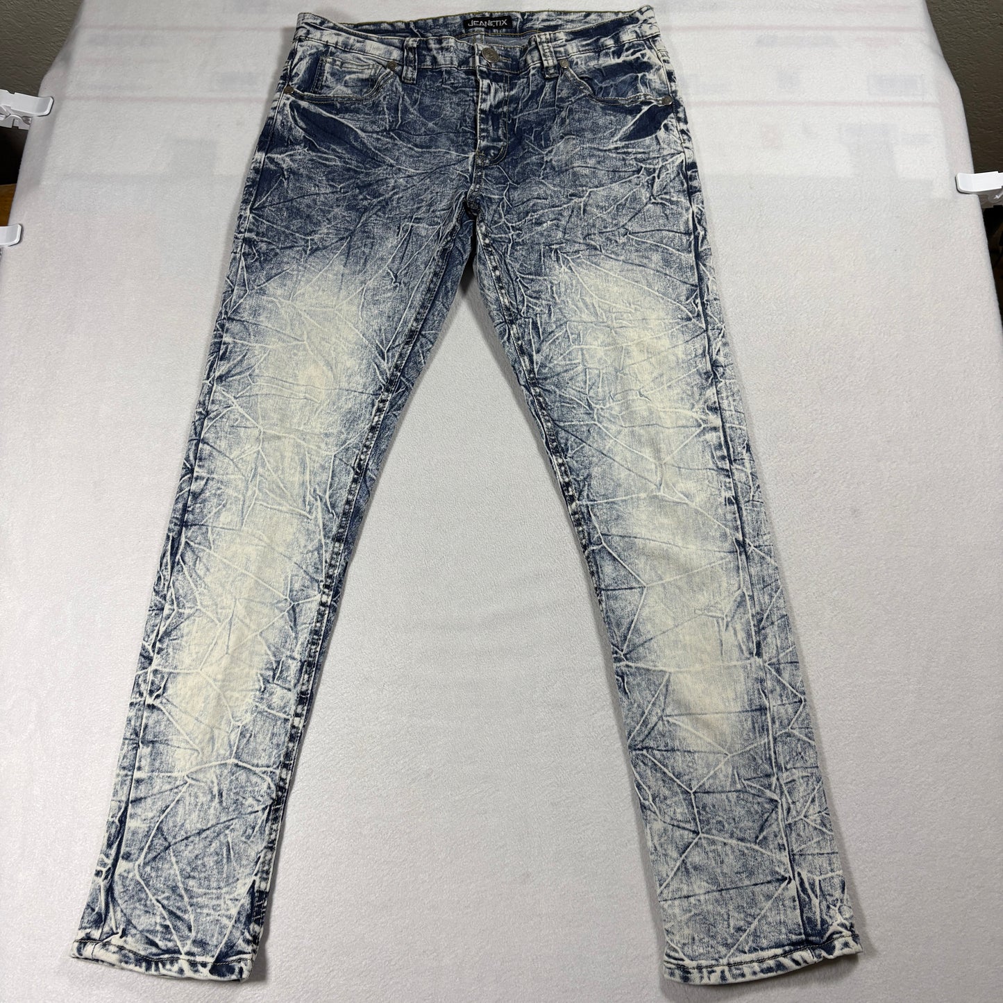 Jeanetix Jeans Mens 34 Blue Acid Wash 33x31 Distressed Crinkle Skinny Streetwear