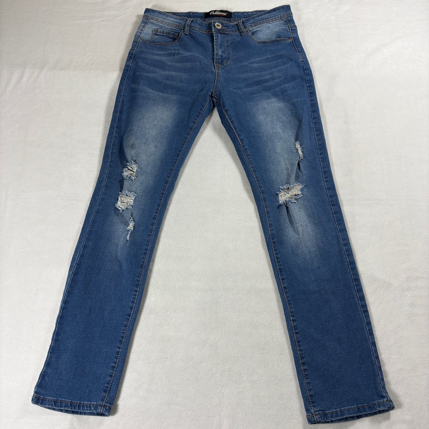 Distressed Skinny Jeans Cali Fame Tag 32 Fits 32X30 Blue Stretch Denim Ripped