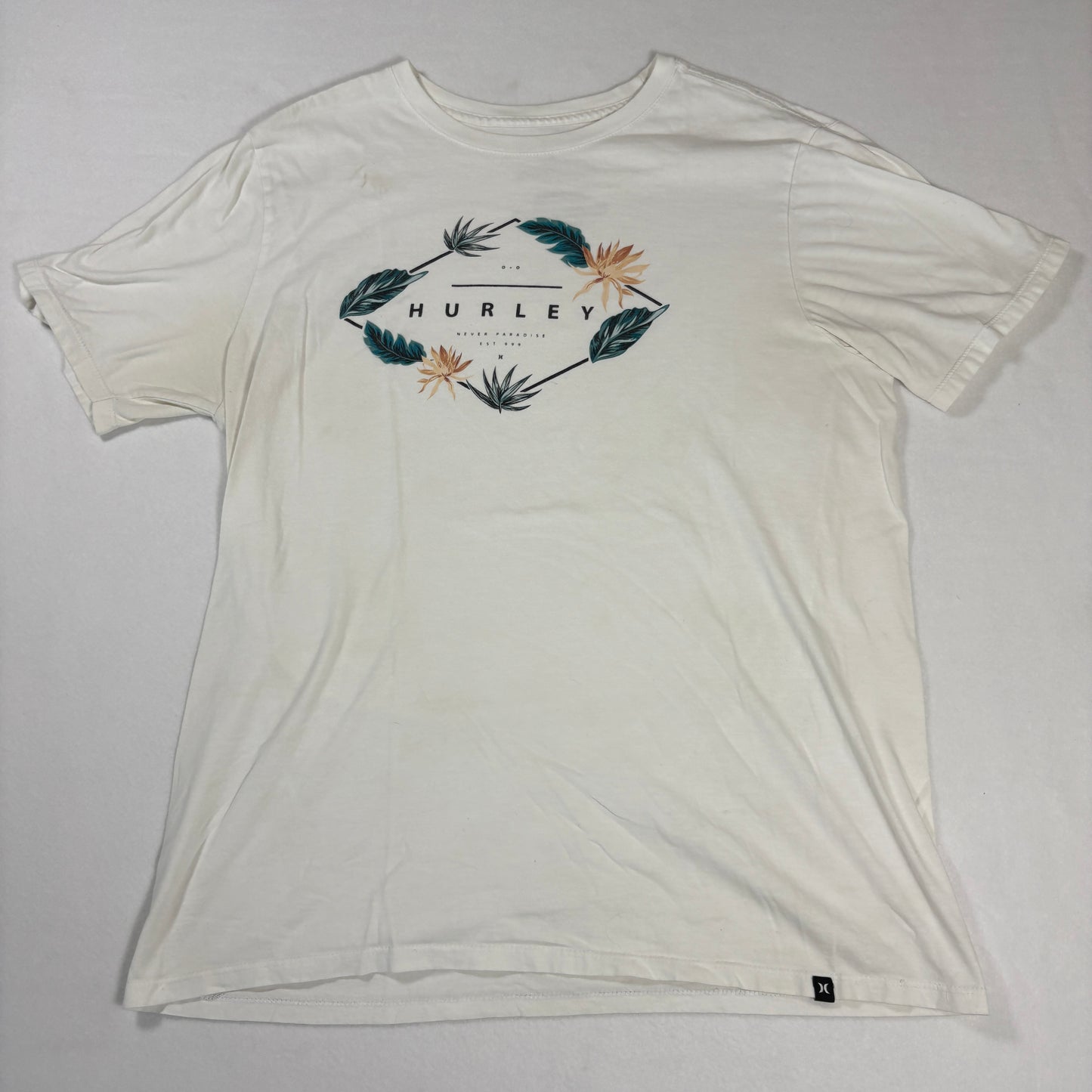Hurley T-Shirt Mens L White Floral Graphic Short Sleeve Surf Skate Casual Tee
