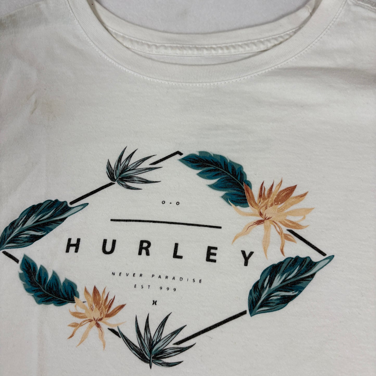 Hurley T-Shirt Mens L White Floral Graphic Short Sleeve Surf Skate Casual Tee