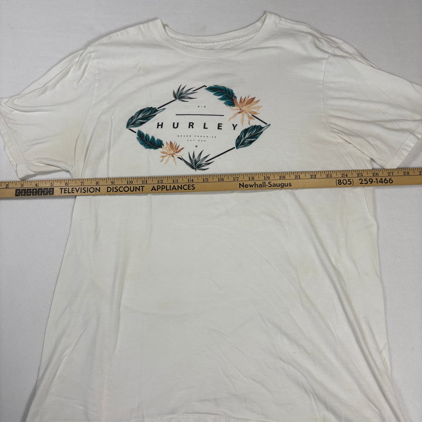 Hurley T-Shirt Mens L White Floral Graphic Short Sleeve Surf Skate Casual Tee