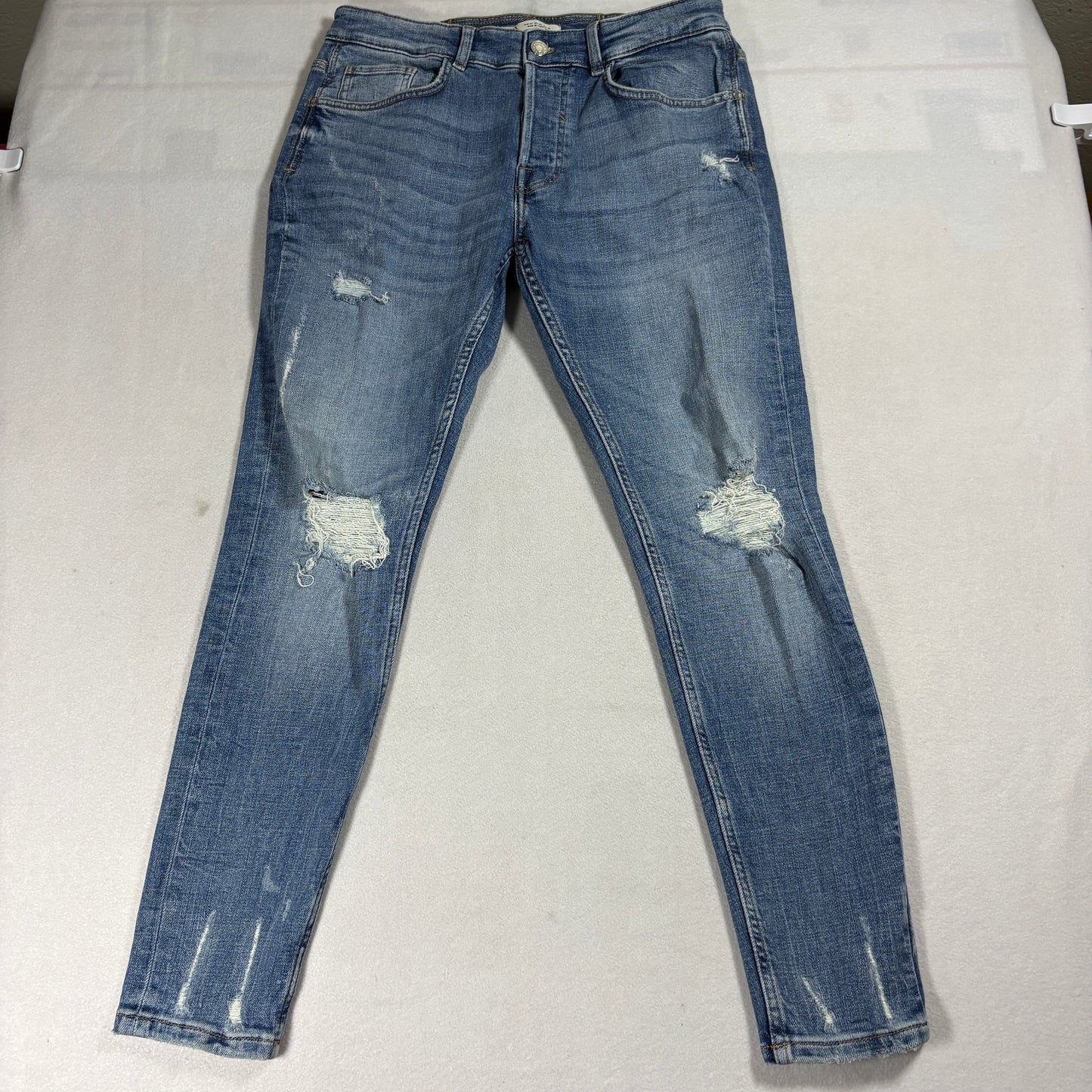 Zara Jeans Mens 32 Distressed Button Fly Skinny Fit Light Wash Streetwear Y2K