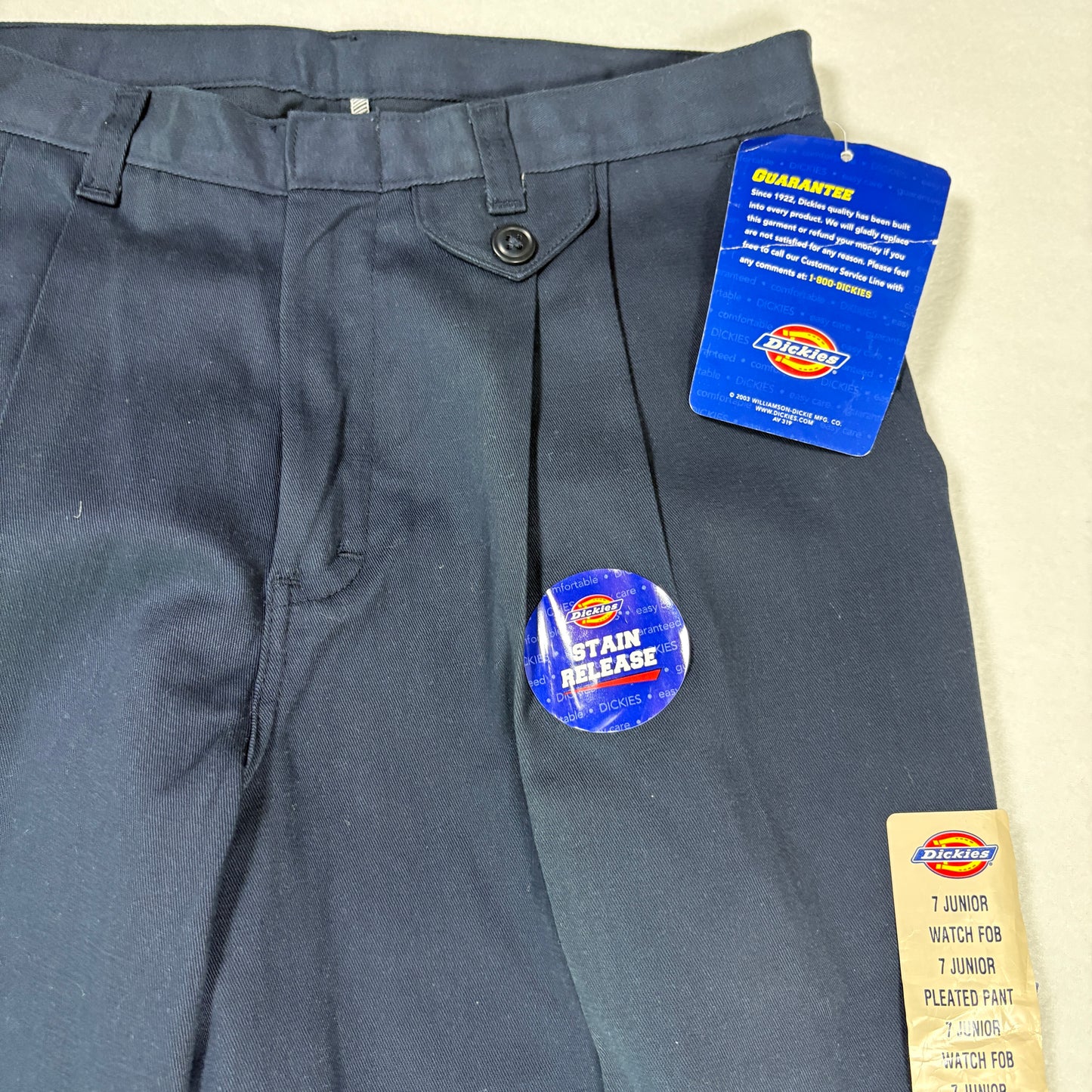 Dickies Pants Junior 7 Navy Blue Pleated Workwear Stain Release Blend Durable