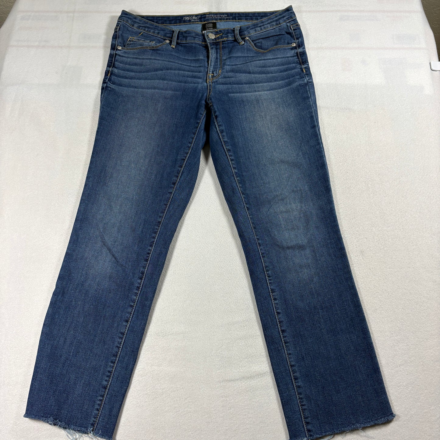 Mossimo Mid Rise Straight Jeans Womens 10/30R Dark Wash Raw Hem Stretch Casual Y2K Look