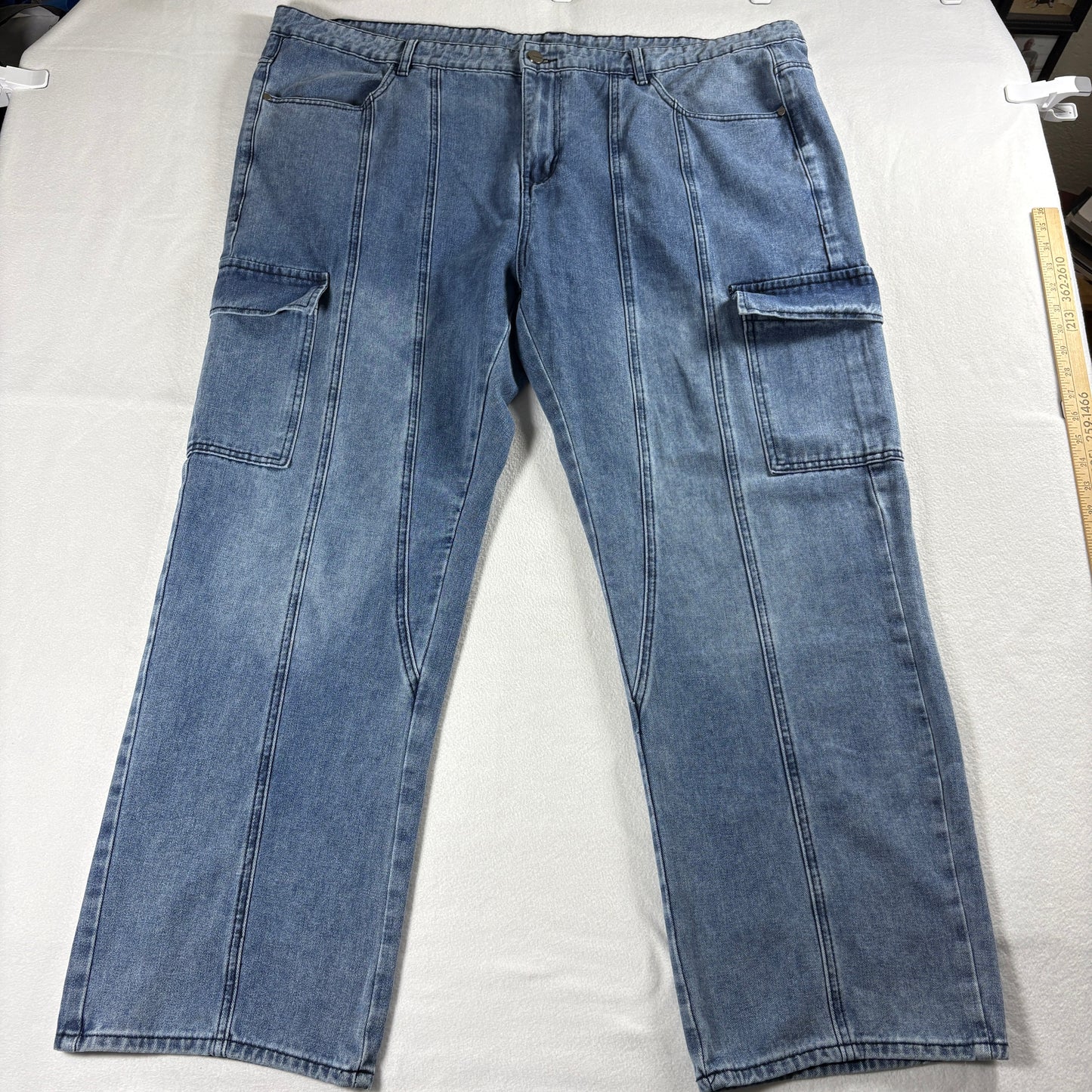 Mens 5XL Cargo Jeans Blue Utility Denim Straight Leg Streetwear Casual Work Pant