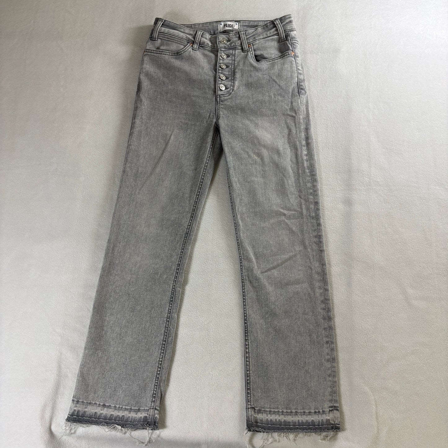 Cropped Straight Leg Jeans Button Fly Raw Hem Paige 27 Fits Like 27X26 Gray