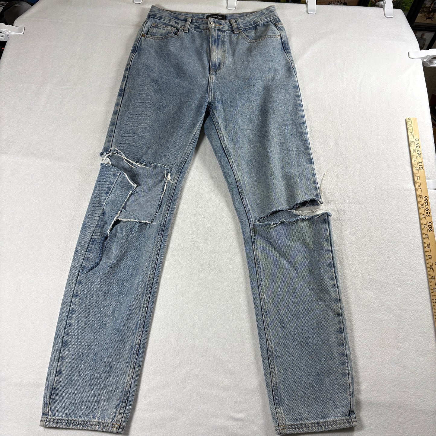 White Fox Womens Distressed Denim Jeans Vintage Y2K Straight Leg Blue Raw Cut Up