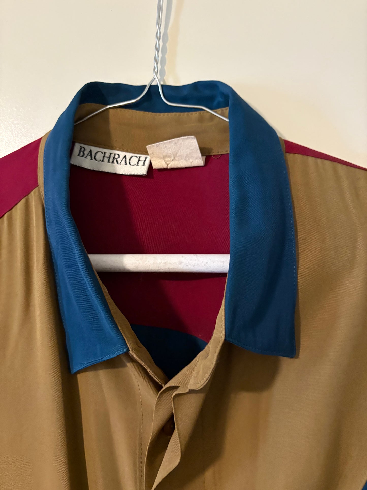 Vintage Bachrach Colorblock Button-Up Shirt – Multi‑Color Retro 90s Silk‑Feel Long Sleeve
