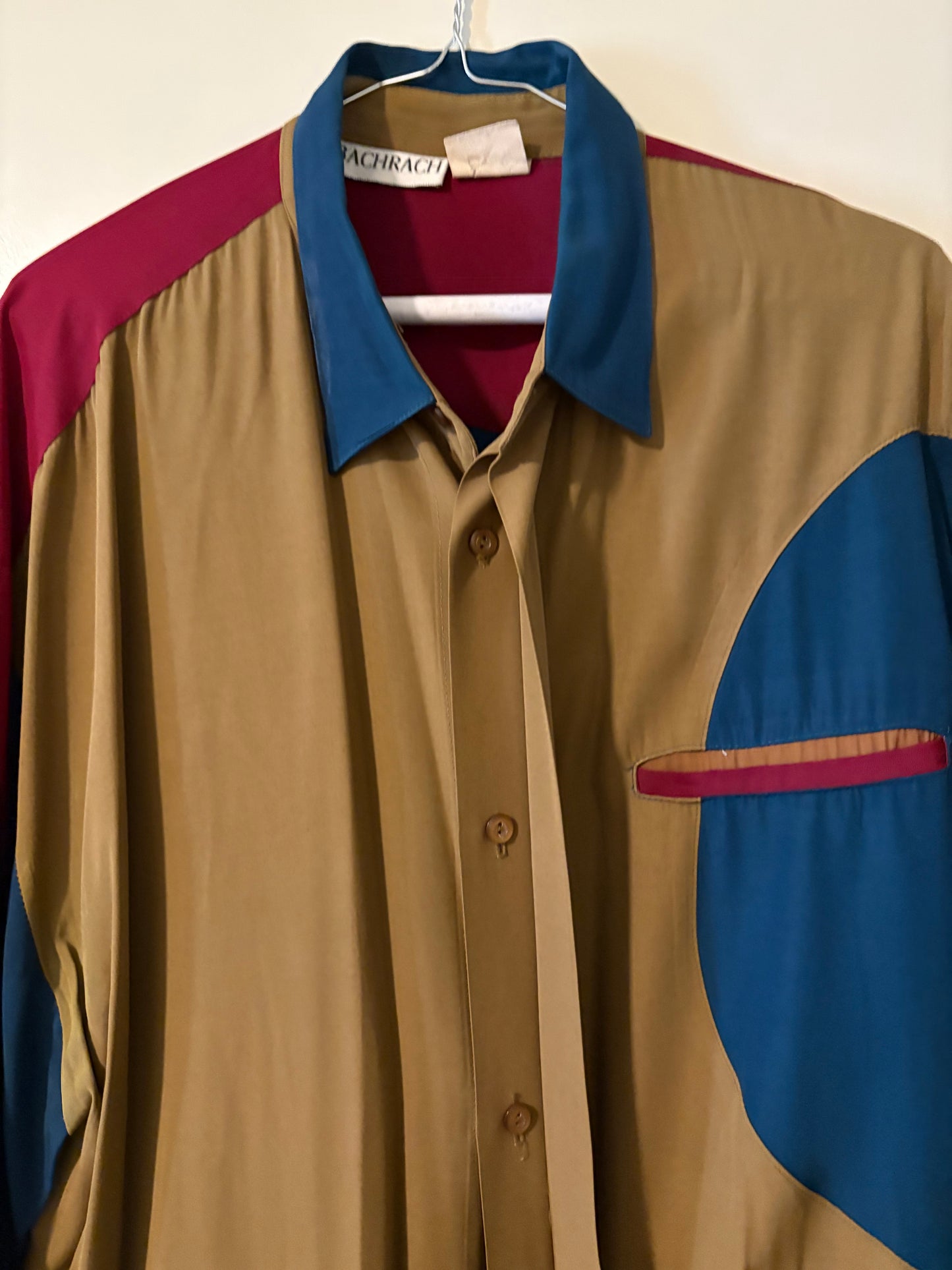 Vintage Bachrach Colorblock Button-Up Shirt – Multi‑Color Retro 90s Silk‑Feel Long Sleeve