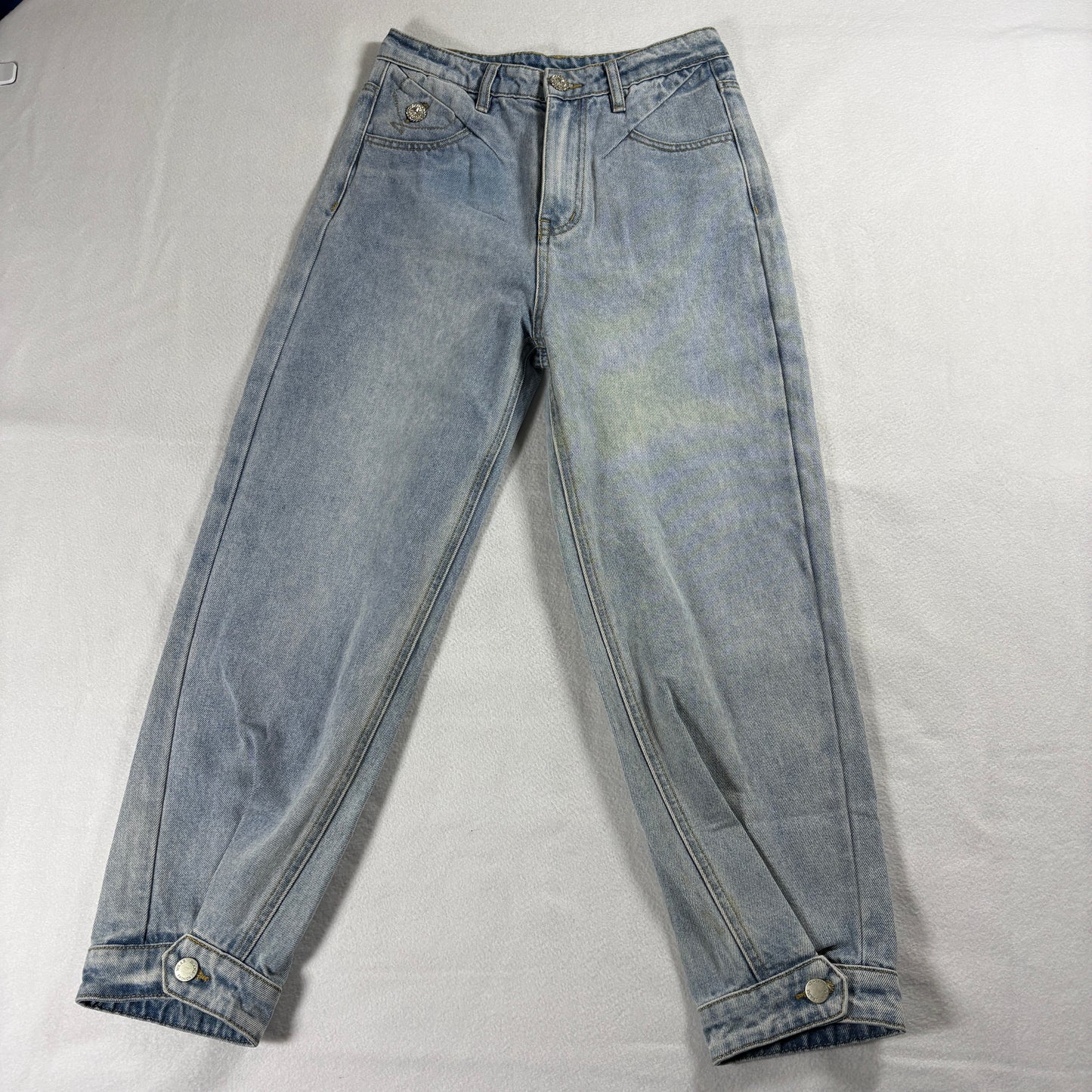 Eurolook Womens Medium High Waist Tapered Light Wash Ankle Button Retro Jeans