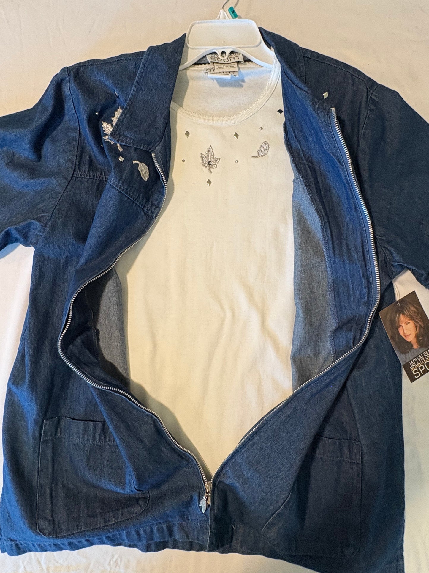 Jaclyn Smith Sport Denim Jacket Shirt Women's Size Large NWT Embellished Tee Attached