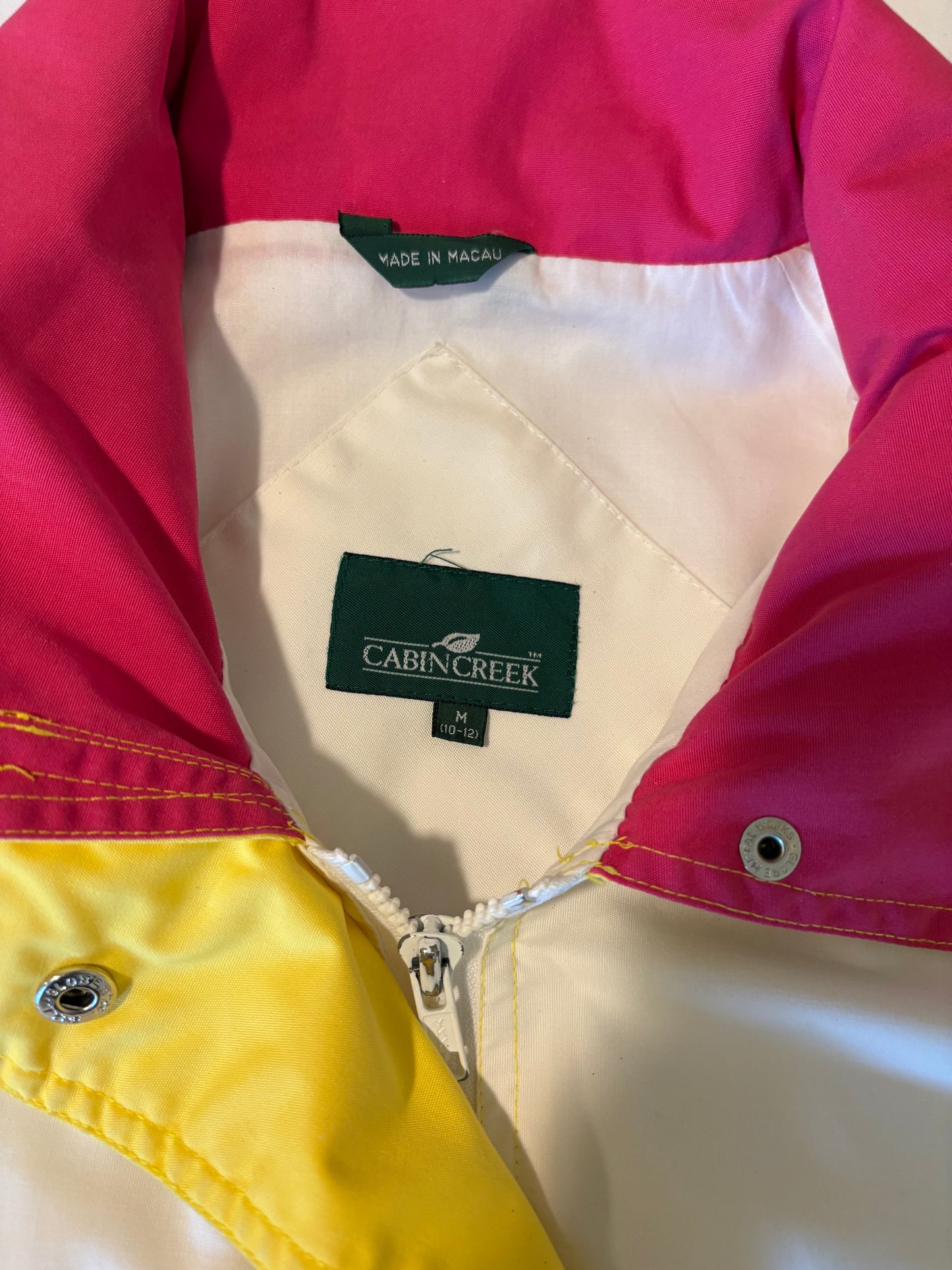 Vintage Cabin Creek Jacket Large Colorblock Yellow White Pink Zip Pockets Macau