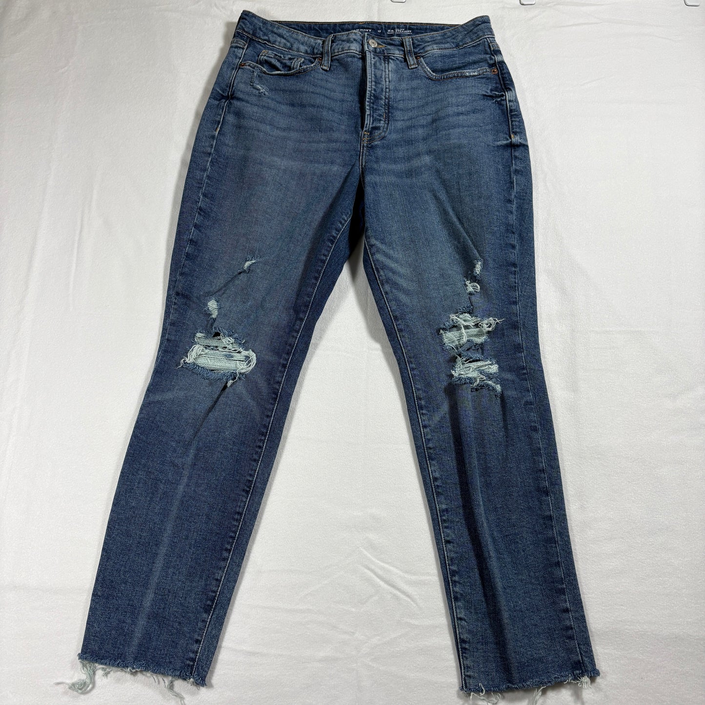 Old Navy High Rise OG Straight Jeans Womens 12 Distressed Raw Hem Blue Denim Retro