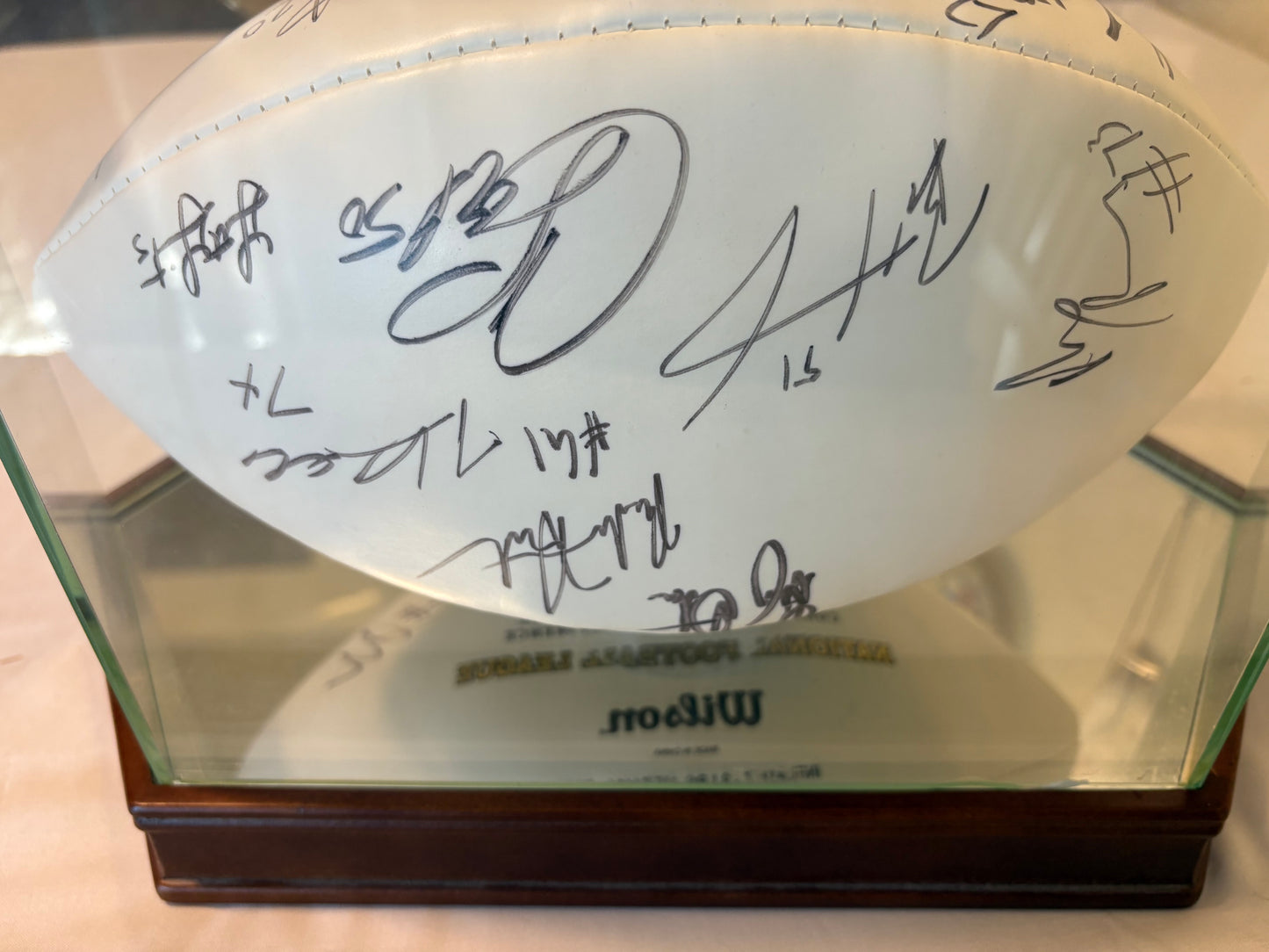 2021 Las Vegas Raiders Signed Football ā Abram, Renfrow, Littleton + Others ā w/ Display Case