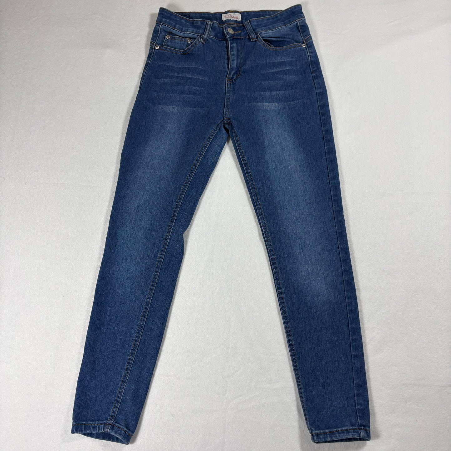 Red Bottoms Skinny Jeans Womens 5/27 Mid Rise Stretch Blue Wash Retro Y2K Streetwear