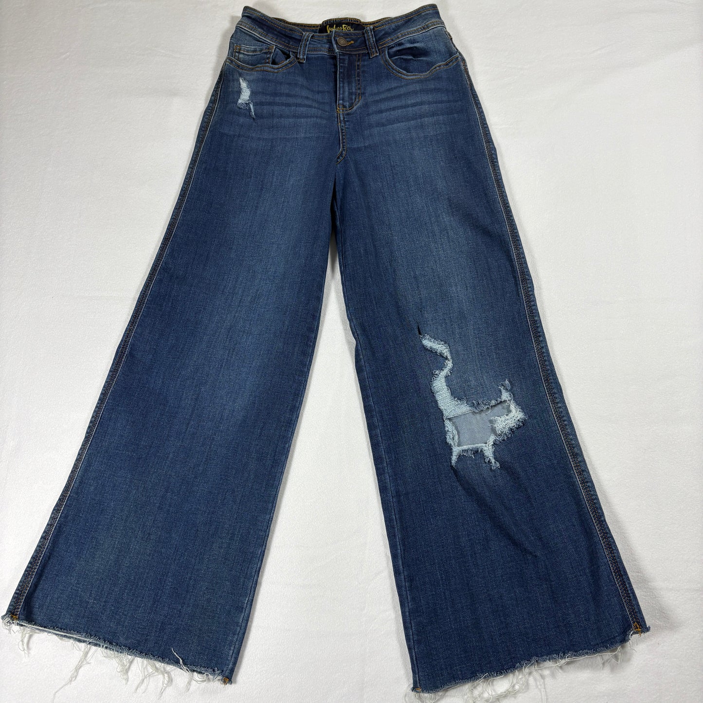 Indigo Rein Wide Leg Jeans Womens 3/25 Distressed Frayed Hem Retro Y2K Grunge Denim