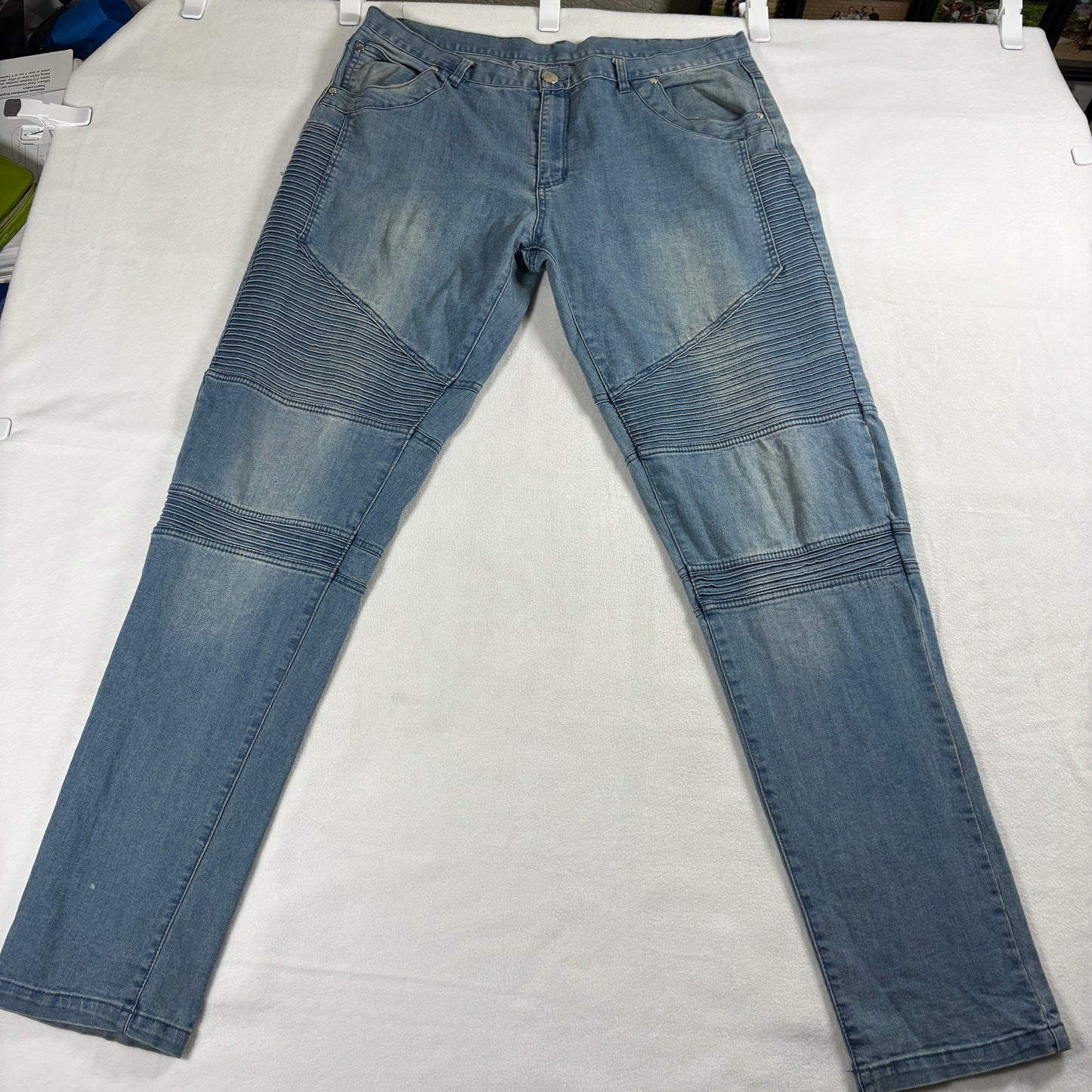 Mens Moto Biker Jeans 34 Waist Blue Denim Ribbed Panels Y2K Streetwear OG