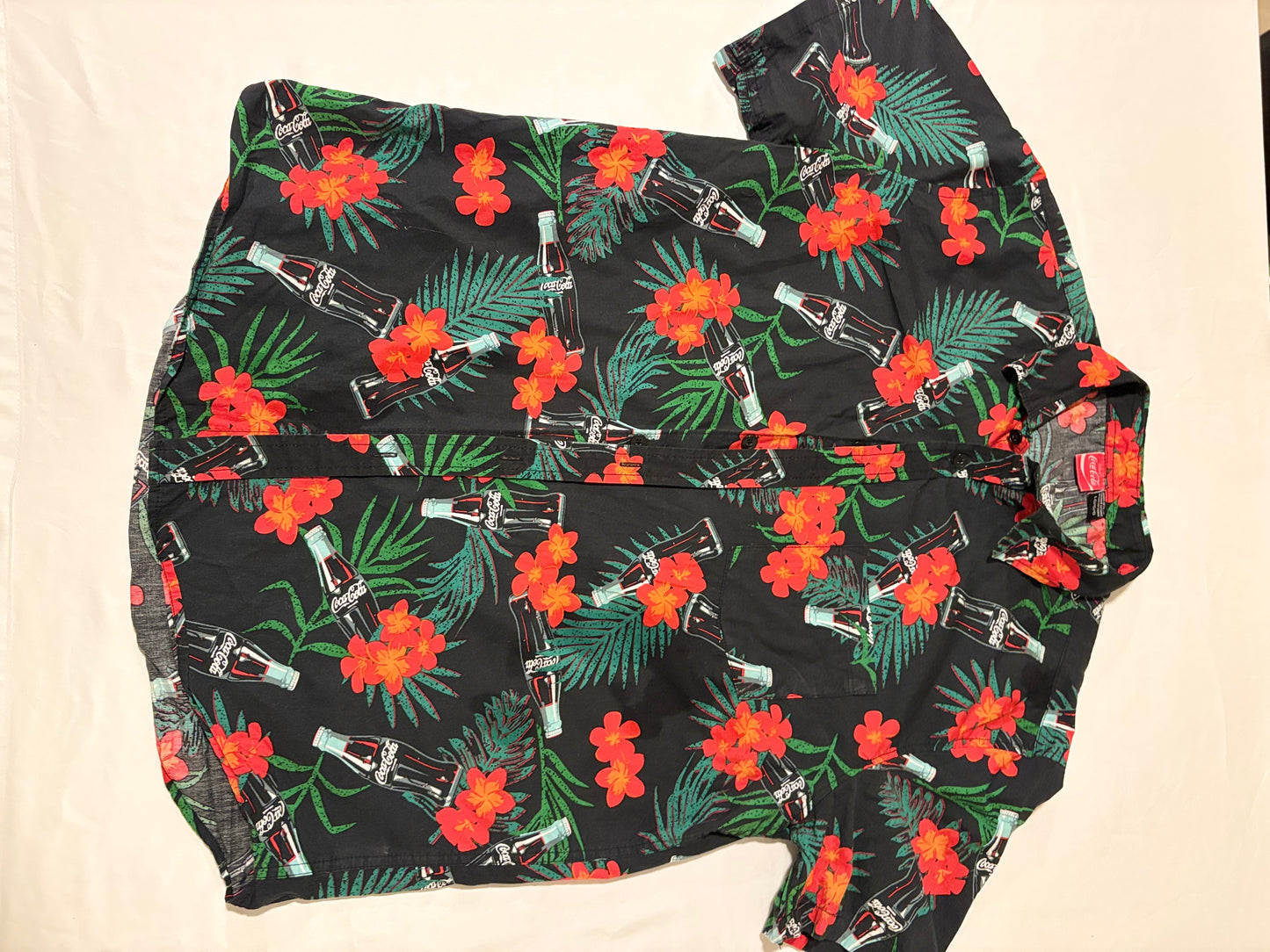 Coca-Cola Hawaiian Shirt Men's Large Black Floral Palm Trees Bottles Aloha VTG