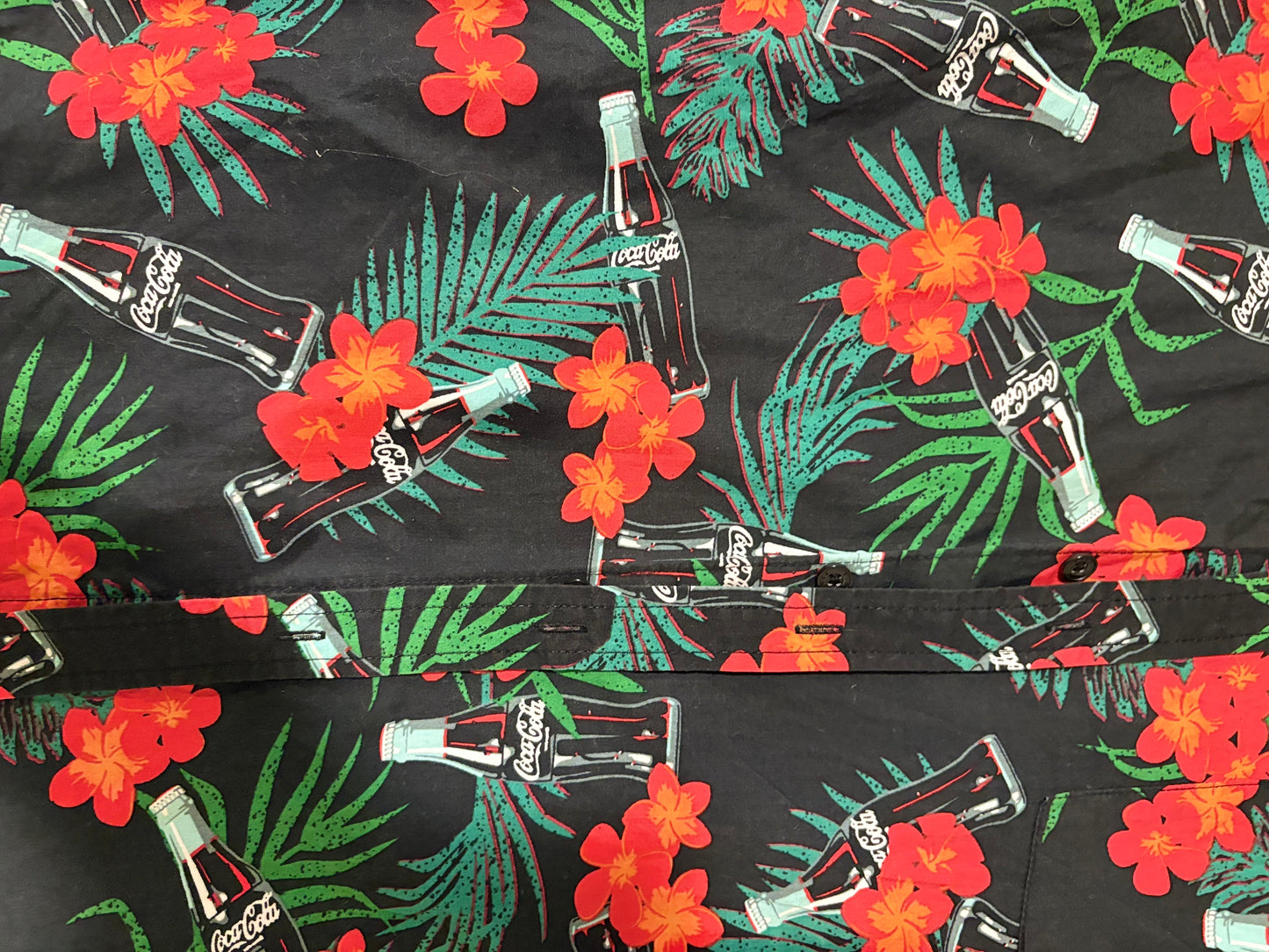 Coca-Cola Hawaiian Shirt Men's Large Black Floral Palm Trees Bottles Aloha VTG