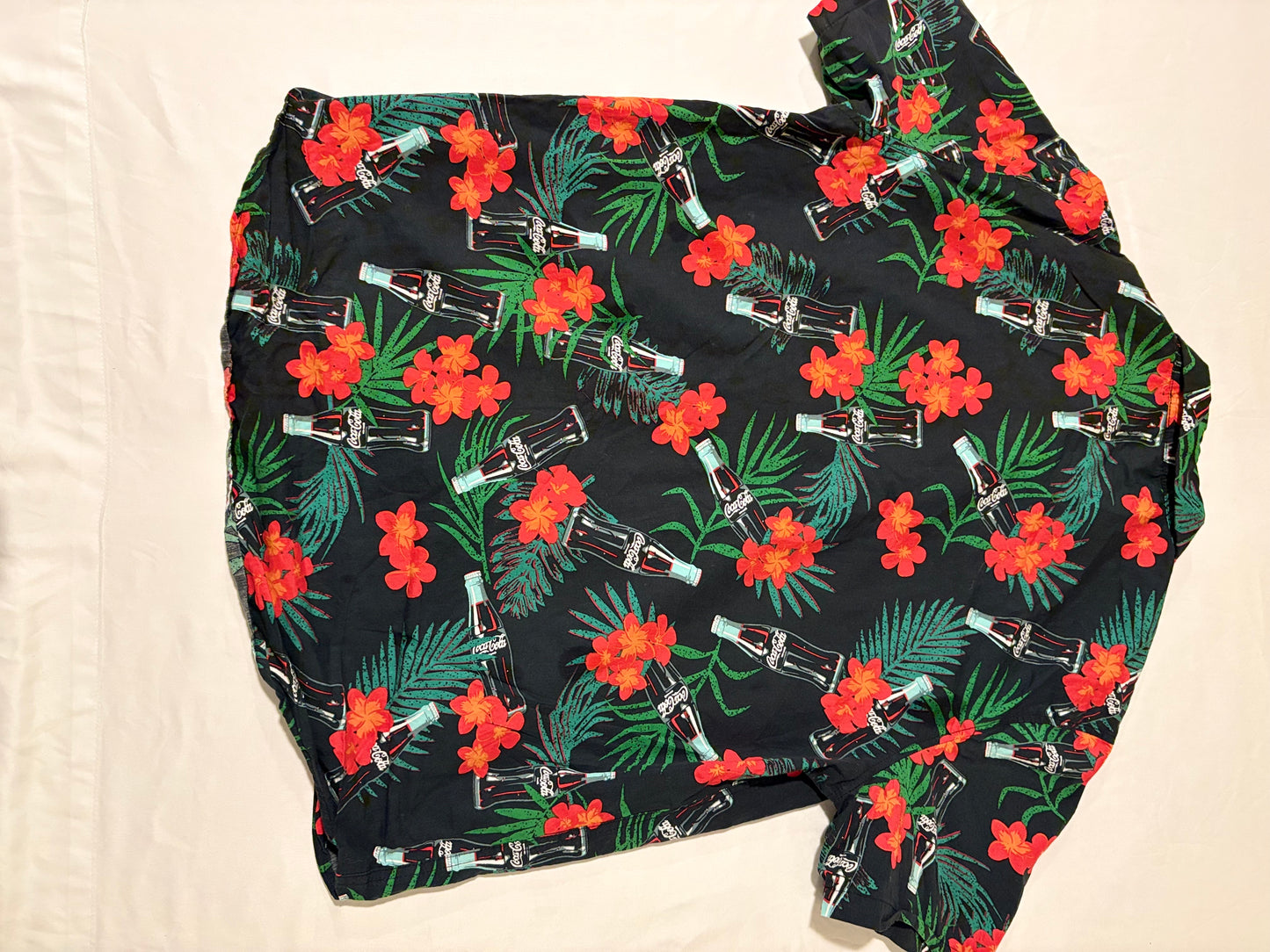 Coca-Cola Hawaiian Shirt Men's Large Black Floral Palm Trees Bottles Aloha VTG