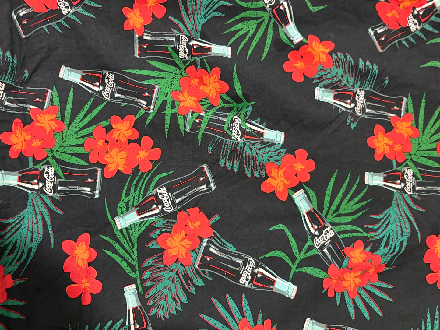 Coca-Cola Hawaiian Shirt Men's Large Black Floral Palm Trees Bottles Aloha VTG