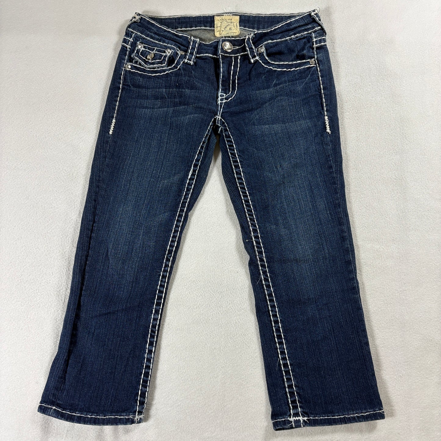 Y2K Bootcut Flare Jeans Womens Tag 5 Fits Like 28X21 Dark Wash Contrast Stitch