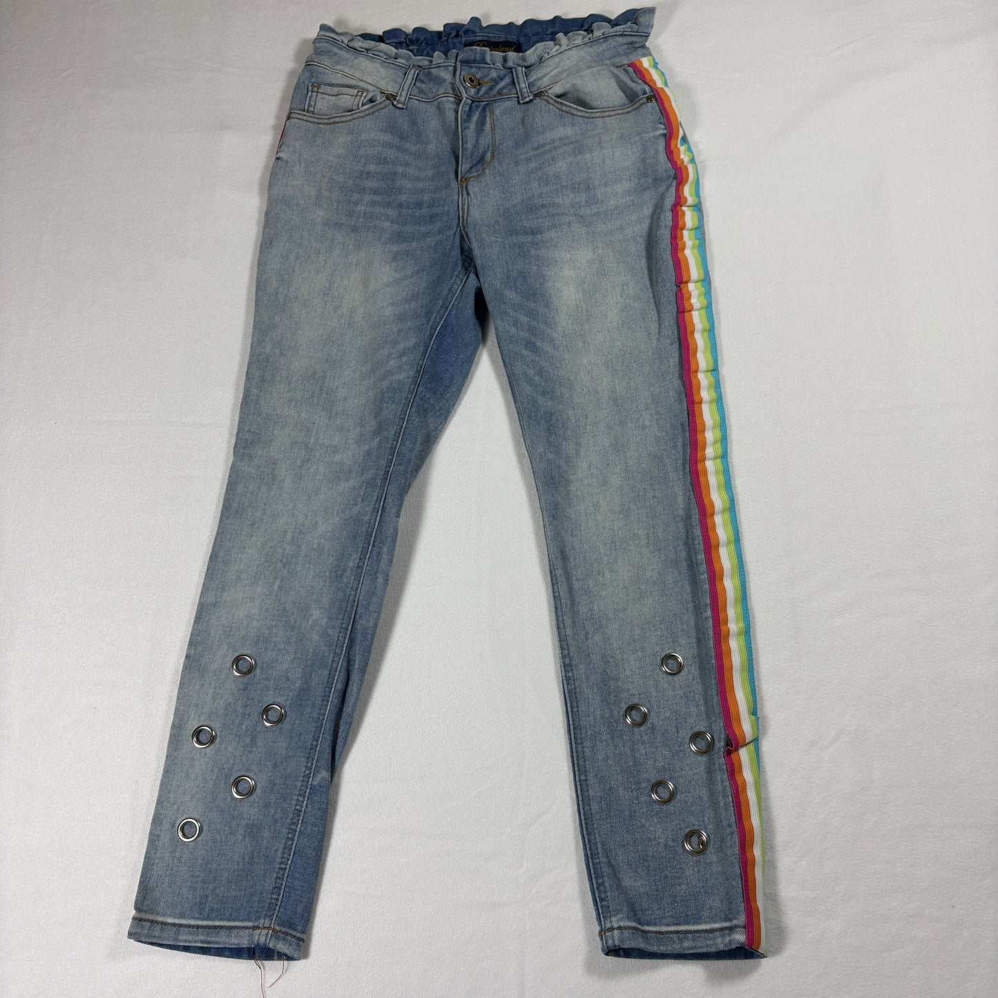 Denimland Jeans Womens 7 Y2K Rainbow Stripe Grommet Leg Light Wash Retro Denim