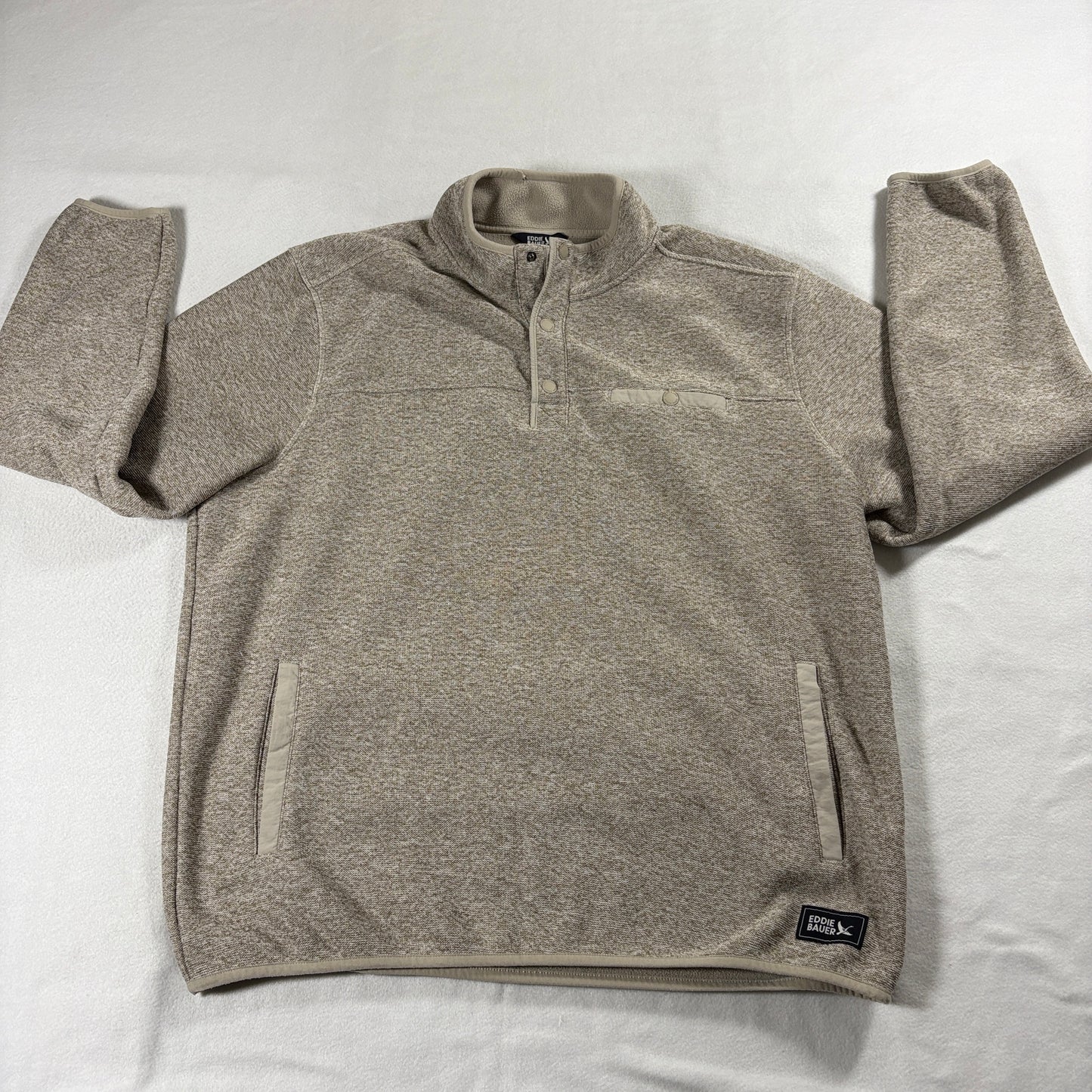 Pullover Fleece Jacket Snap Neck Eddie Bauer XL Beige Outdoor Hiking Cozy