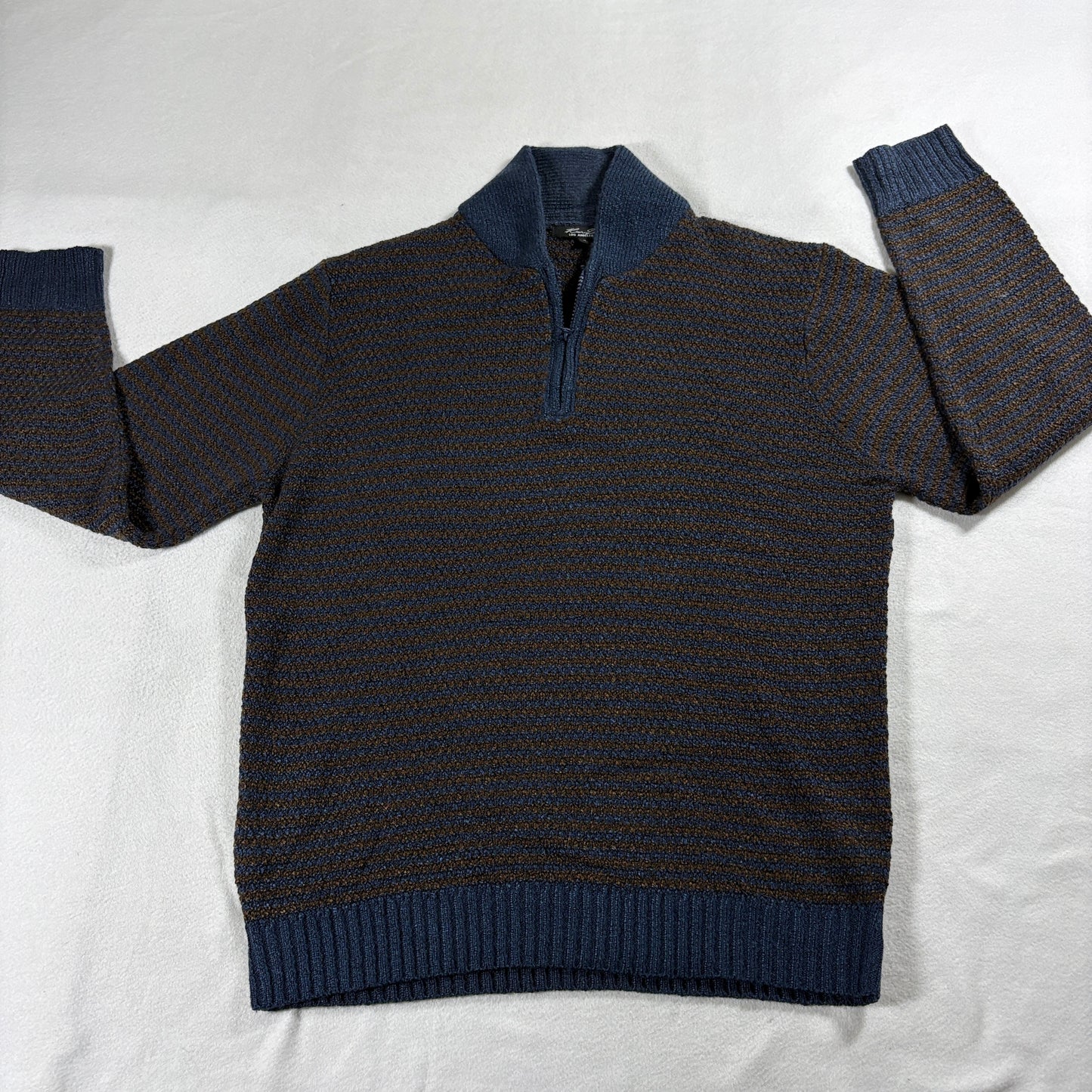 Textured Knit Sweater Quarter Zip Pullover Blue Brown XL Cozy Casual Vintage